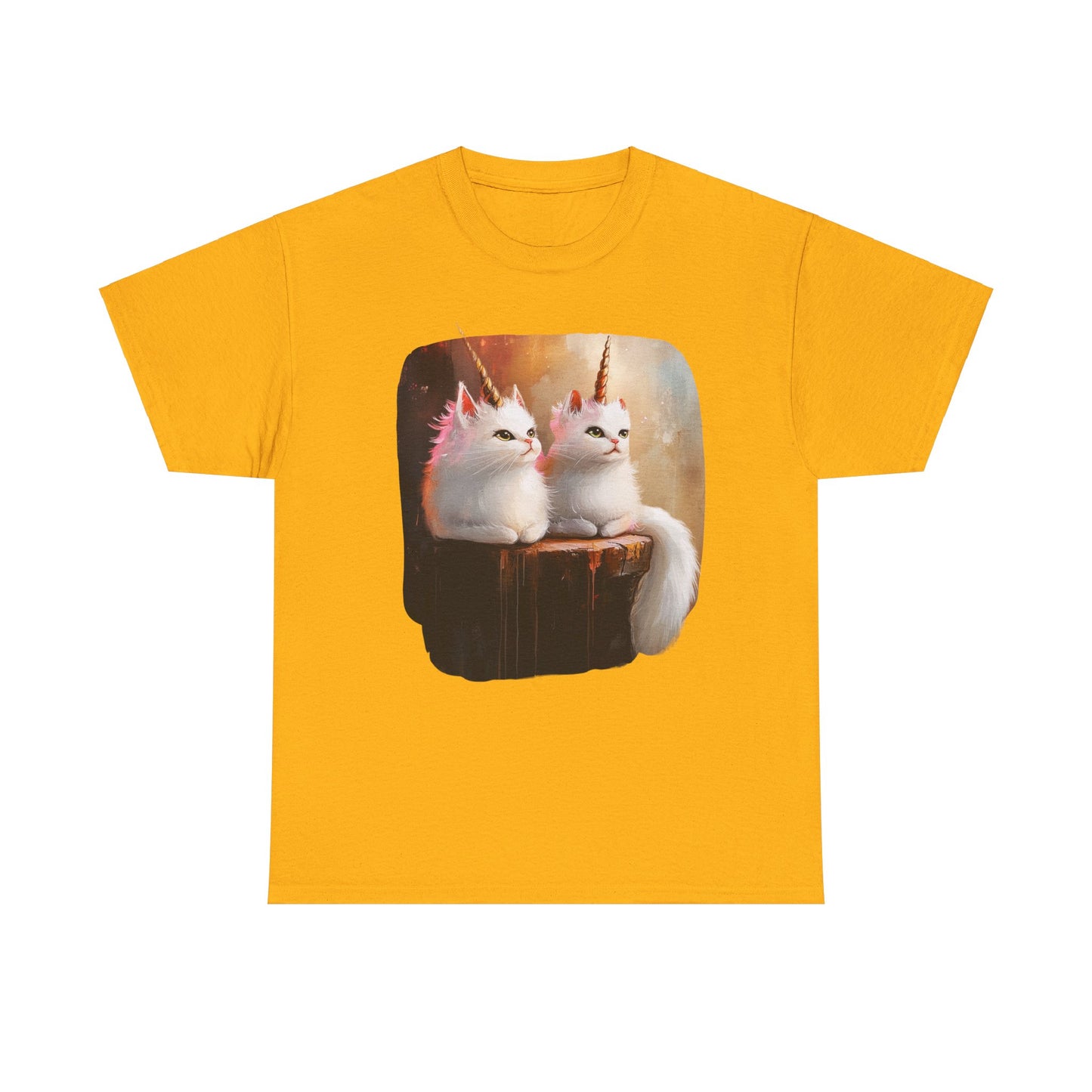 Fluffy White Kawaii Unicorn Cat Graphic Tee - Cat Unicorn Mythical Creature Gift Unisex Adult Size Heavy Cotton Tee T-Shirt