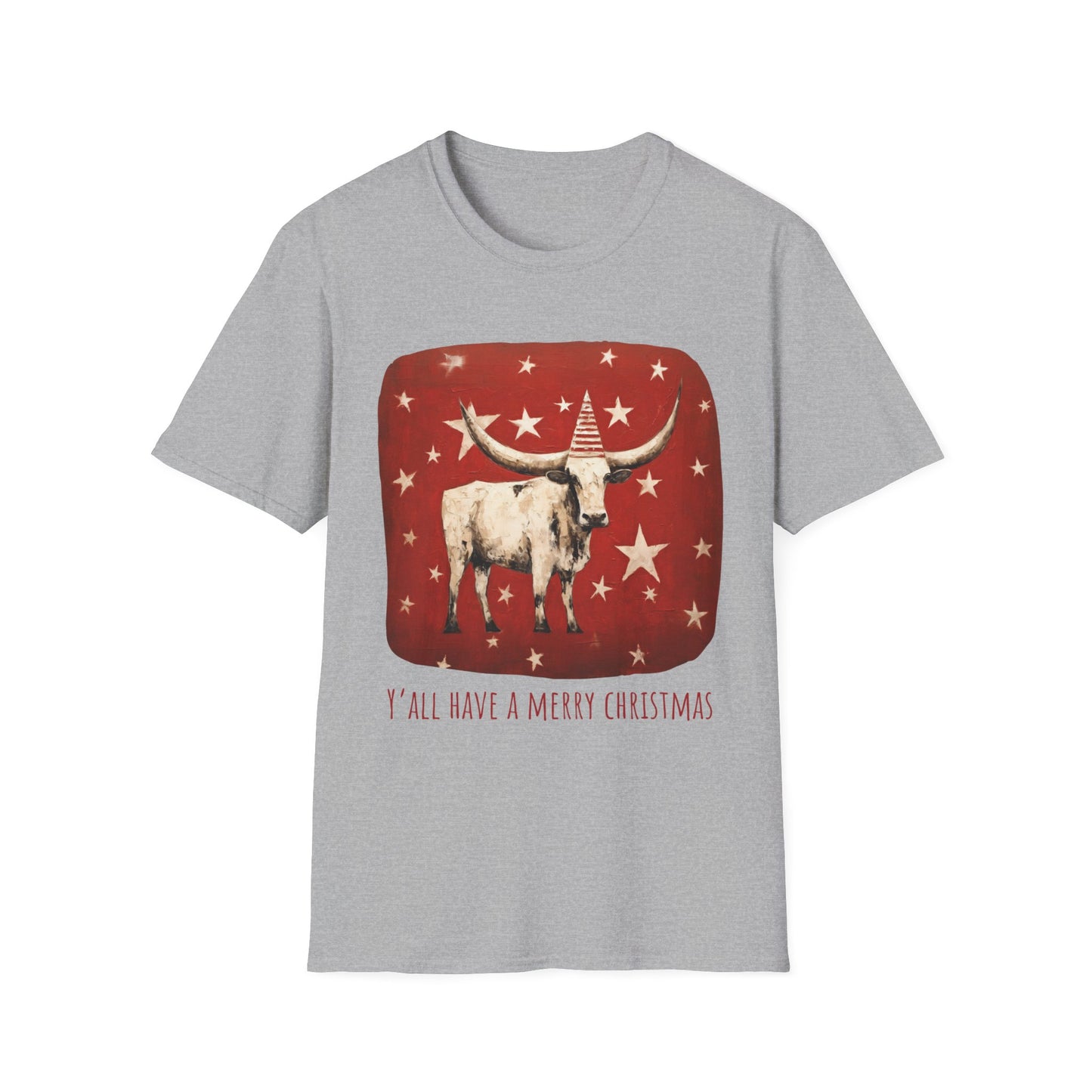 "Y'all Have a Merry Christmas" Southern Christmas Greeting, Longhorn Cattle Rodeo Shirt, Longhorn Cattle Texas Oklahoma Gift Unisex Tee Shirt, T-Shirt Graphic Tee T-Shirt