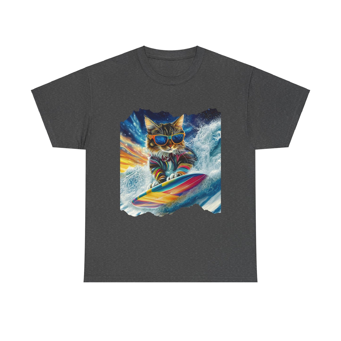 Surfer Surfing Cat, (Ver 2) Cat on Surfboard Graphic Tee- Water Sports Cat (V1) Cat Art Gift - Cool Cats Unisex Heavy Cotton Tee T-Shirt