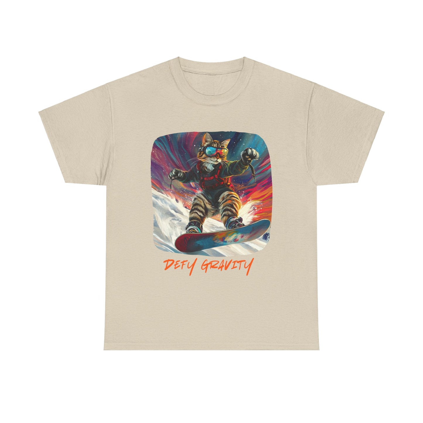 Defy Gravity Snowboard Cat Graphic Tee - Extreme Winter Sports Ski Cat Art Gift - Cool Cats Unisex Heavy Cotton Tee T-Shirt