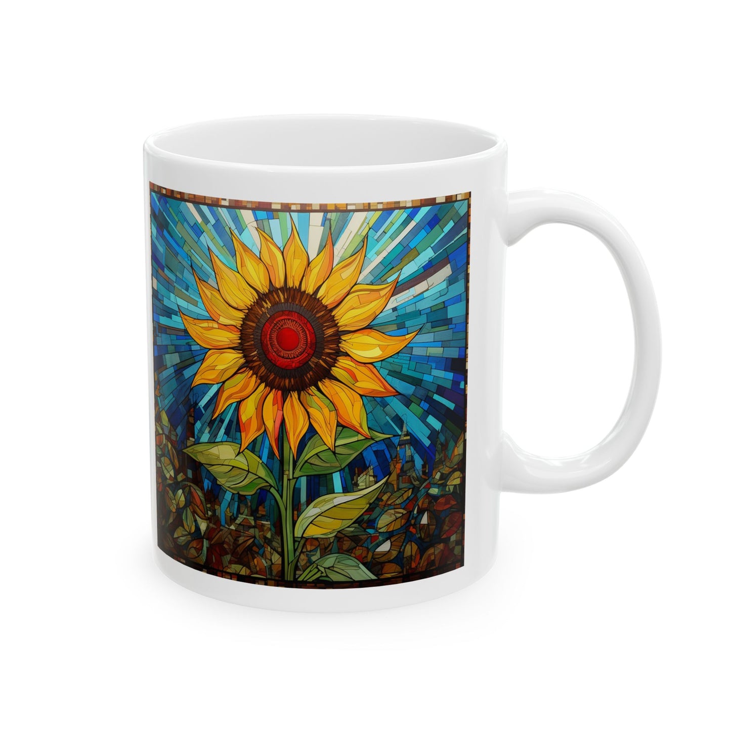 Sunflower Gift Mug, Printed Art, Sunflower - Faux Stained Glass Style, Ceramic Mug 11oz Colorful, Bright and Cheery