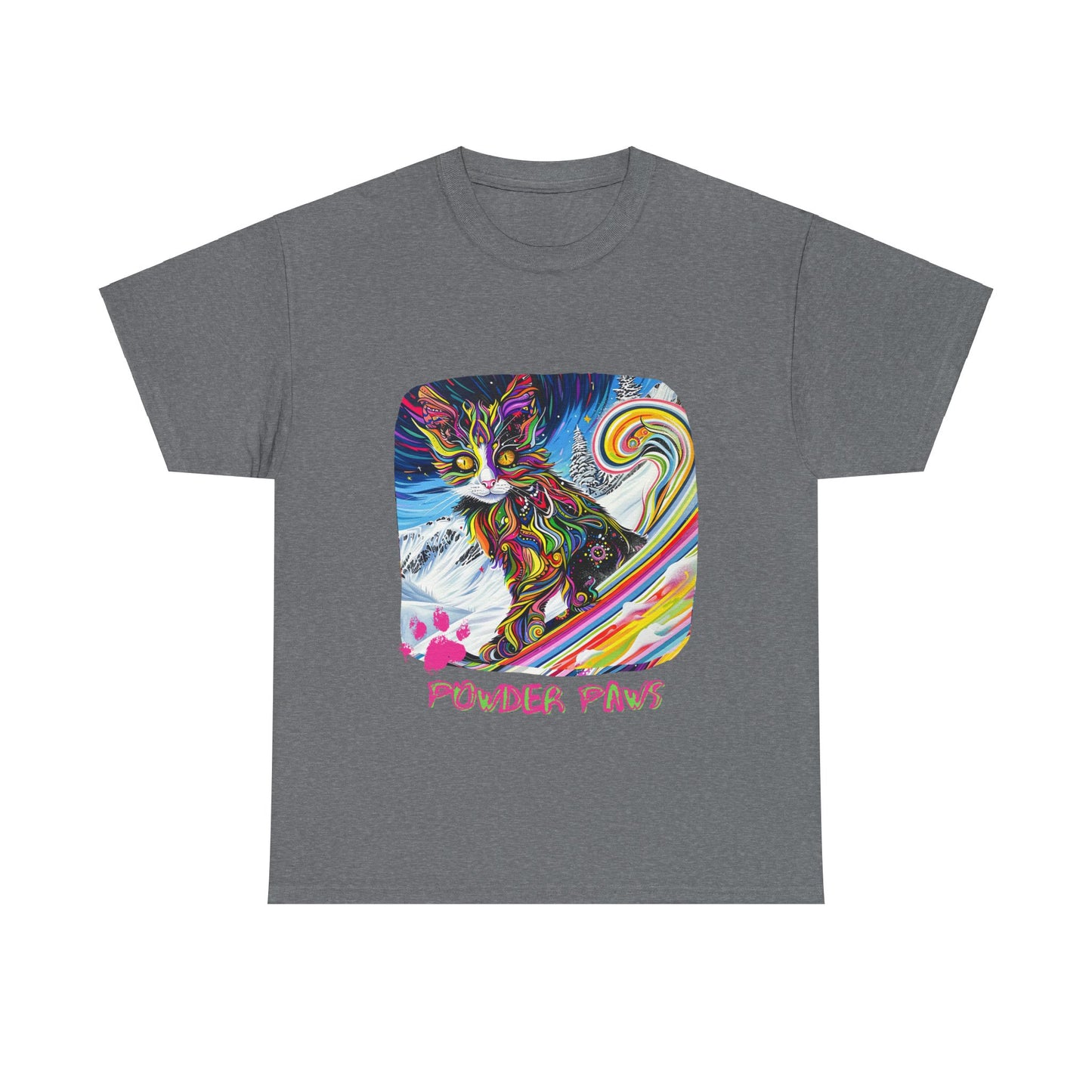 Powder Paws Snow, Snowboard Winter Sports Cat - Cat Art Graphic Tee, Ski Gift - Cool Cats Unisex Heavy Cotton Tee T-Shirt