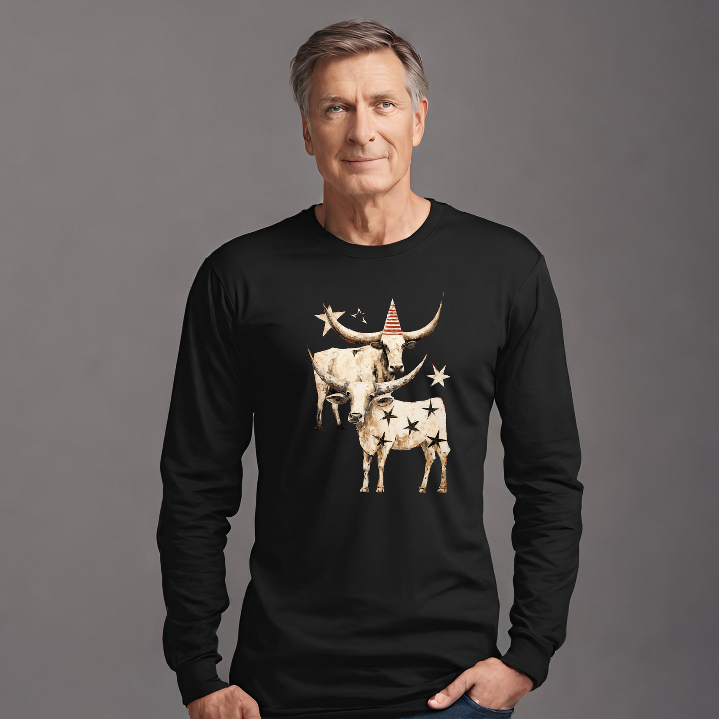 Texas Longhorn Cattle Graphic Tee, Oklahoma Cattle Country, Rodeo Gift, Cow Stars Long Sleeve T-shirt Ultra Cotton Long Sleeve Tee T-Shirt