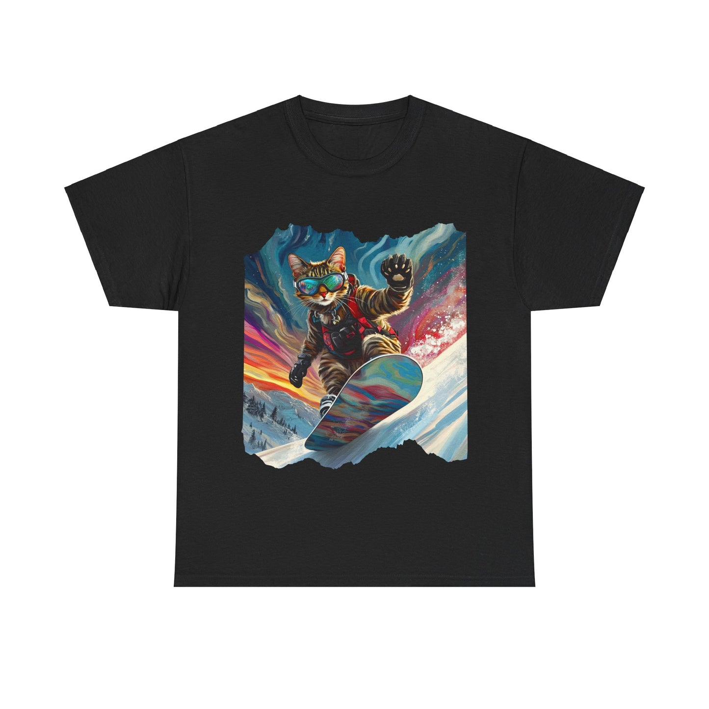 Snowboard Cat, Winter Ski Cat Art Gift - Cool Cats Unisex Heavy Cotton Tee T-Shirt