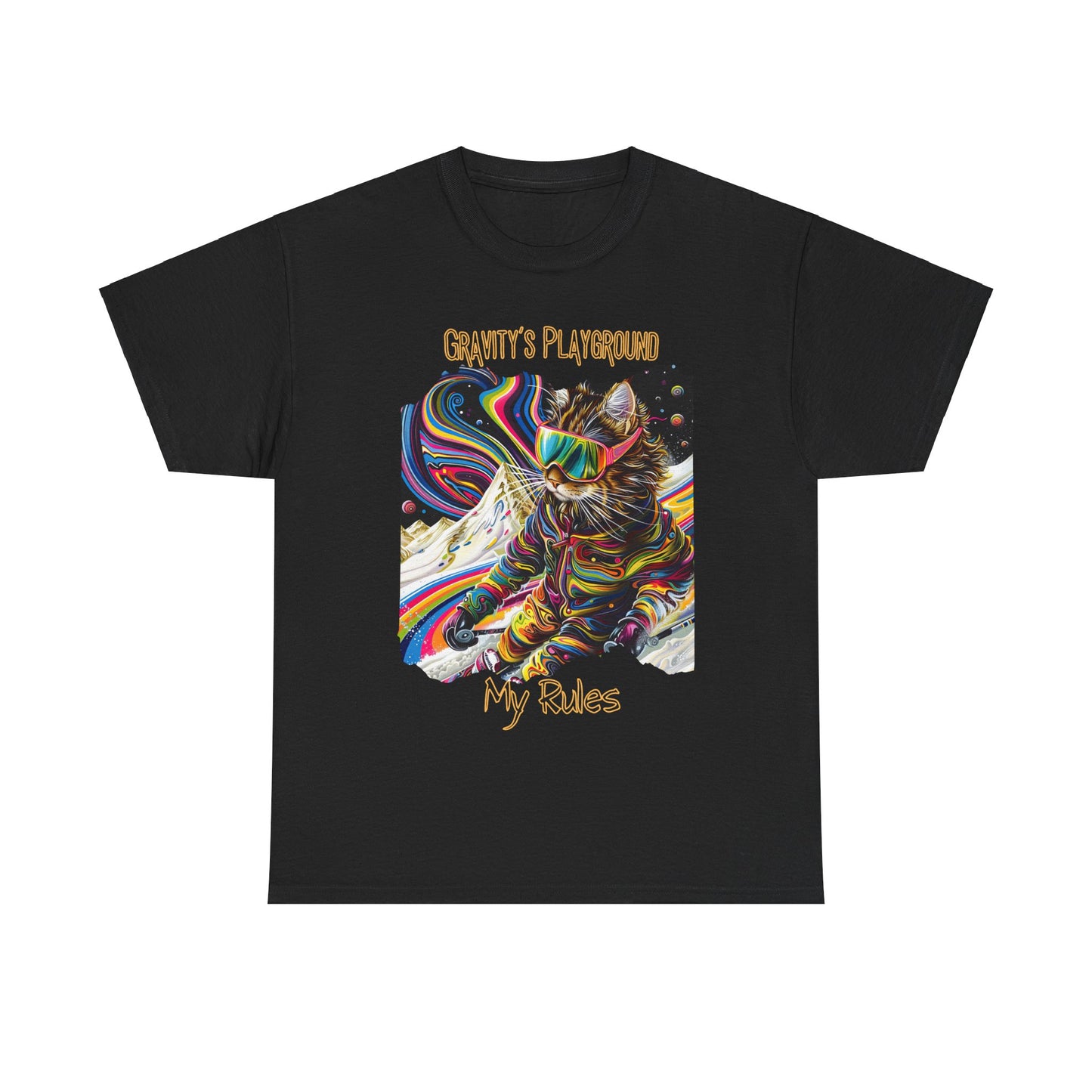 Gravity's Playground, MY Rules - Ski, Snow, Snowboard Winter Sports Cat (V2) Cat Art Gift -Cool Cats Graphic Tee Unisex Heavy Cotton Tee T-Shirt