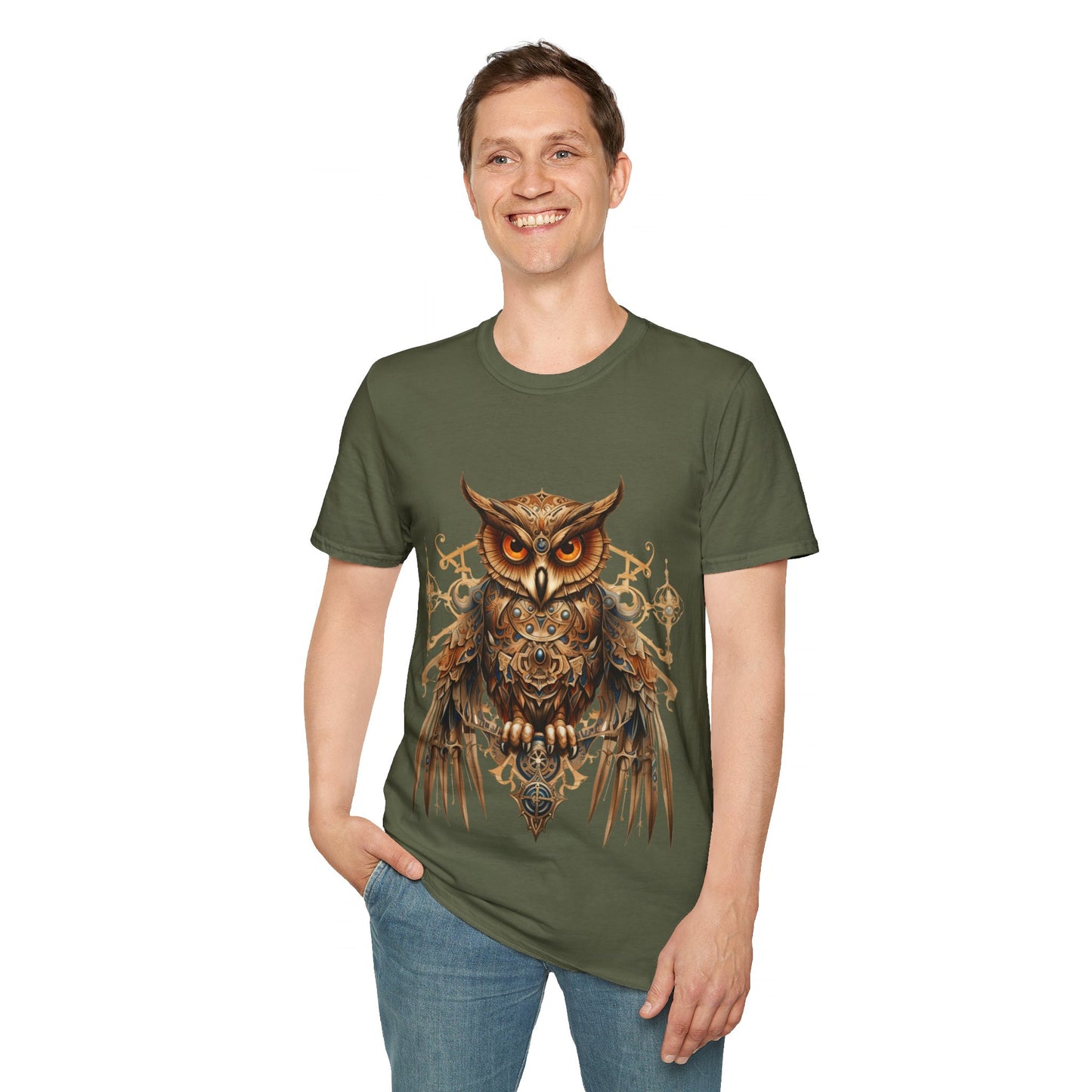 Steampunk Art Deco Style Owl II, Golden Owl Shirt, 1920's Owl Gift Unisex Tee Shirt, T-Shirt Softstyle T-Shirt Tee Teeshirt