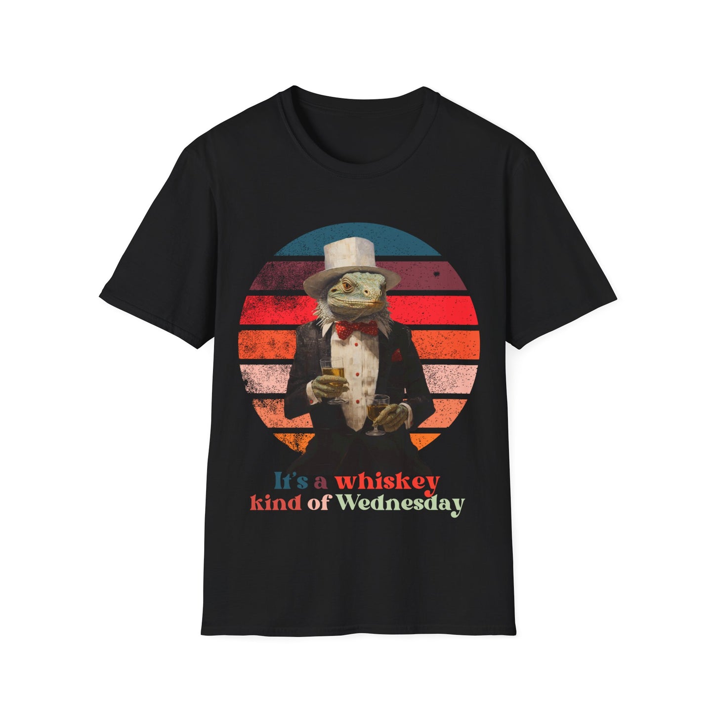 Retro Drinking Whiskey Iguana, "It's a Whiskey Kind of Wednesday" Cocktail, Happy Hour Drinking Gift Unisex Graphic Tee Shirt, T-Shirt Softstyle T-Shirt Tee Tee - New Years