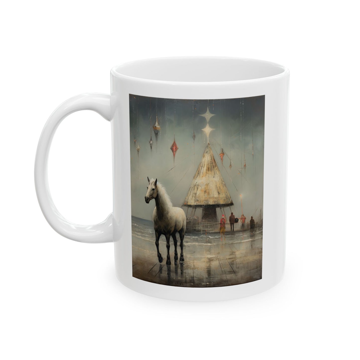 White Christmas Whimsical Horse, Horse on a Pier, Christmas Gift Mug, White Horse Lover Cat Enthusiast Printed Ceramic Mug 11oz