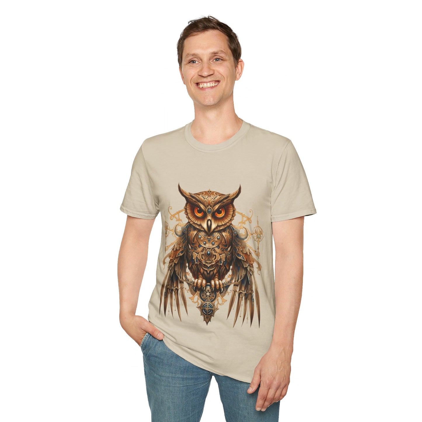 Steampunk Art Deco Style Owl II, Golden Owl Shirt, 1920's Owl Gift Unisex Tee Shirt, T-Shirt Softstyle T-Shirt Tee Teeshirt