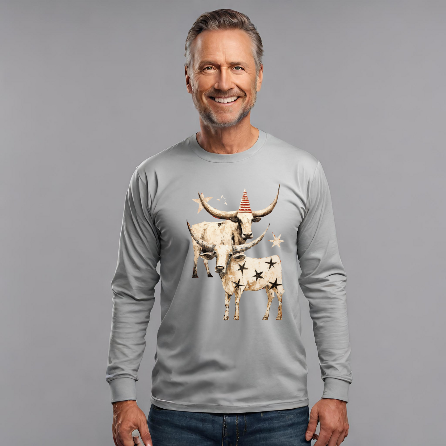 Texas Longhorn Cattle Graphic Tee, Oklahoma Cattle Country, Rodeo Gift, Cow Stars Long Sleeve T-shirt Ultra Cotton Long Sleeve Tee T-Shirt