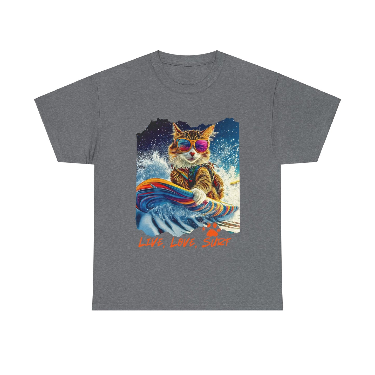 Live, Love Surf - Surfer Cat Graphic Tee, Cat on Surfboard reads "Live, Love Surf" Surf Life Cat ,Art Gift - Cool Cats Unisex Heavy Cotton Tee T-Shirt