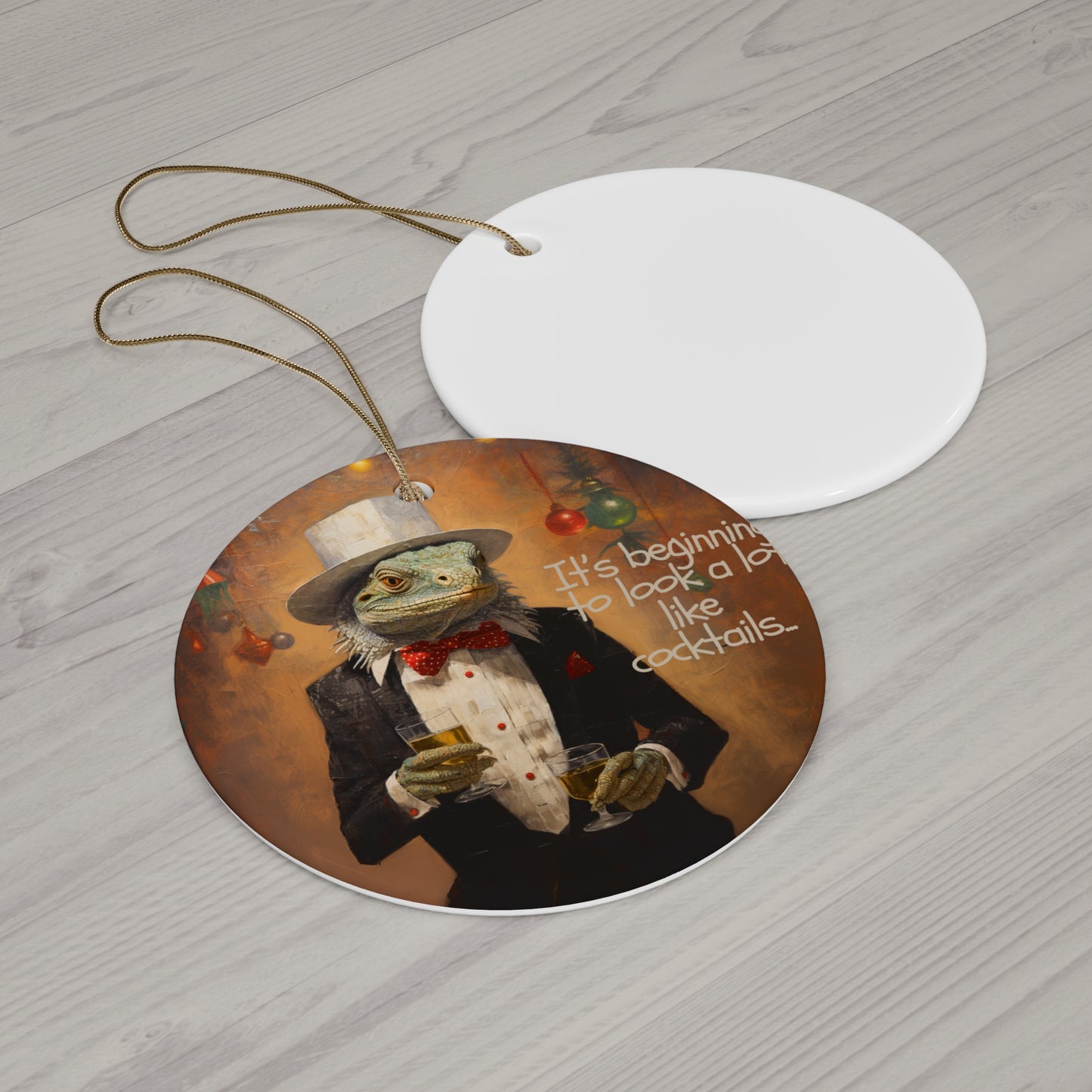 Drinking Lizard Iguana Christmas New Years Drinking Gift, Happy Hour Cocktails Reptile Lover Gift Ceramic Art Ornament- Tree Ornament