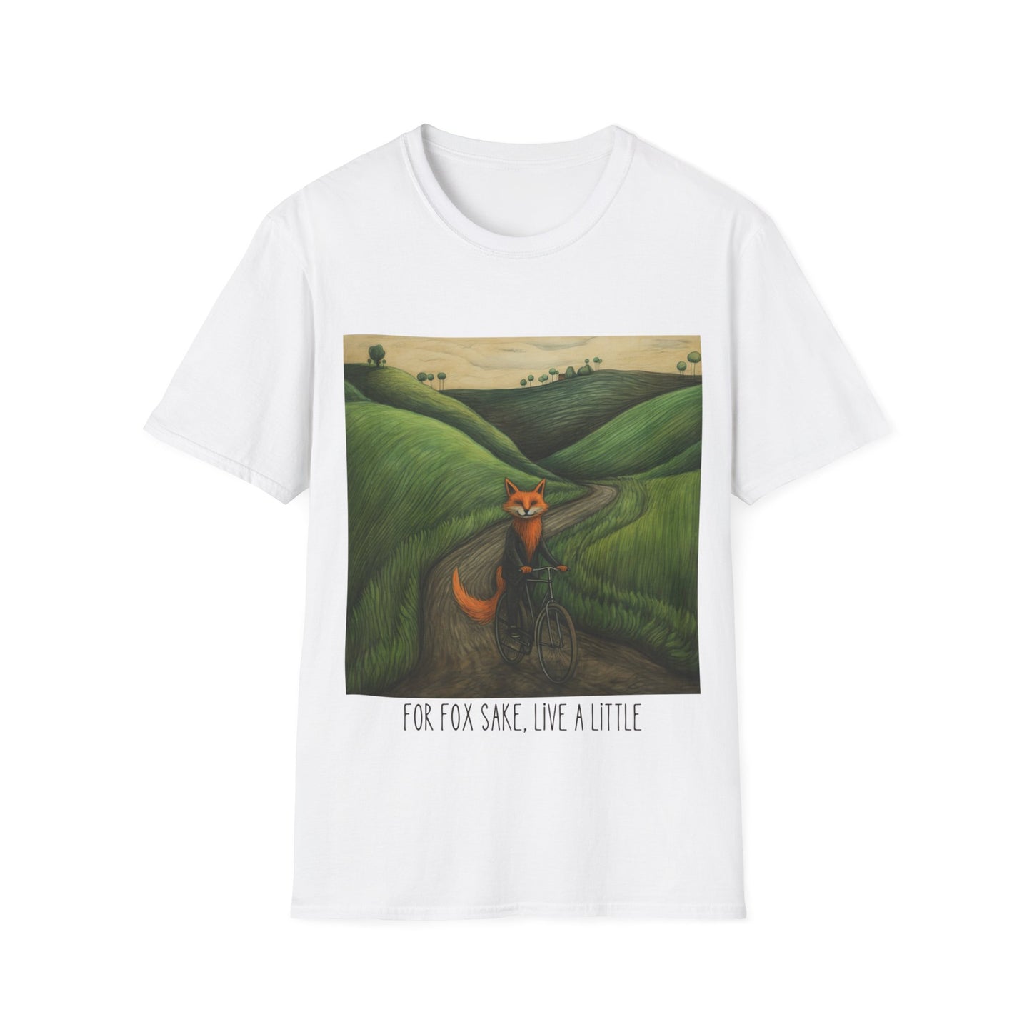 For Fox Sake, Live a Little - Red Fox on a Bicycle- Fox or Cycling Lover's Gift Unisex Tee Shirt, T-Shirt, Fox Lovers Gift Softstyle T-Shirt Tee Teeshirt