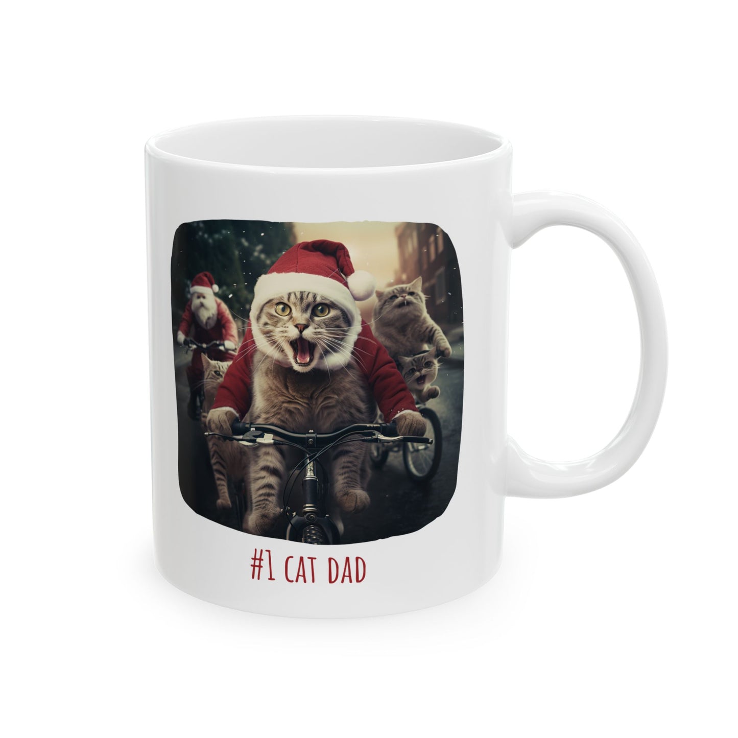 Cat - #1 Cat Dad Gift Mug, Printed Art, Cats on Bicycles, Cats on Cycles Style, Ceramic Mug 11oz Colorful, Bright and Cheery