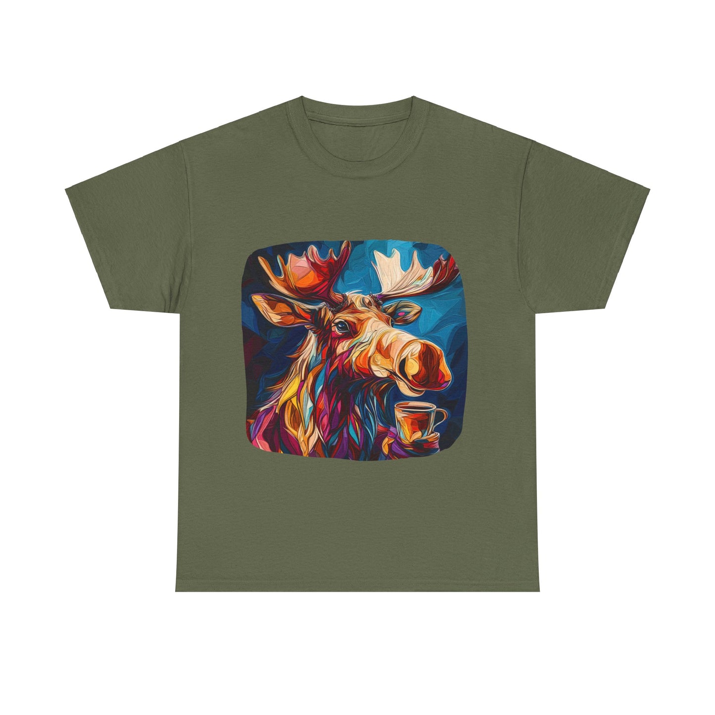 Moose and Coffee, Boho Painterly Coffee Moose - Moose Lover Unisex Heavy Cotton Tee T-Shirt