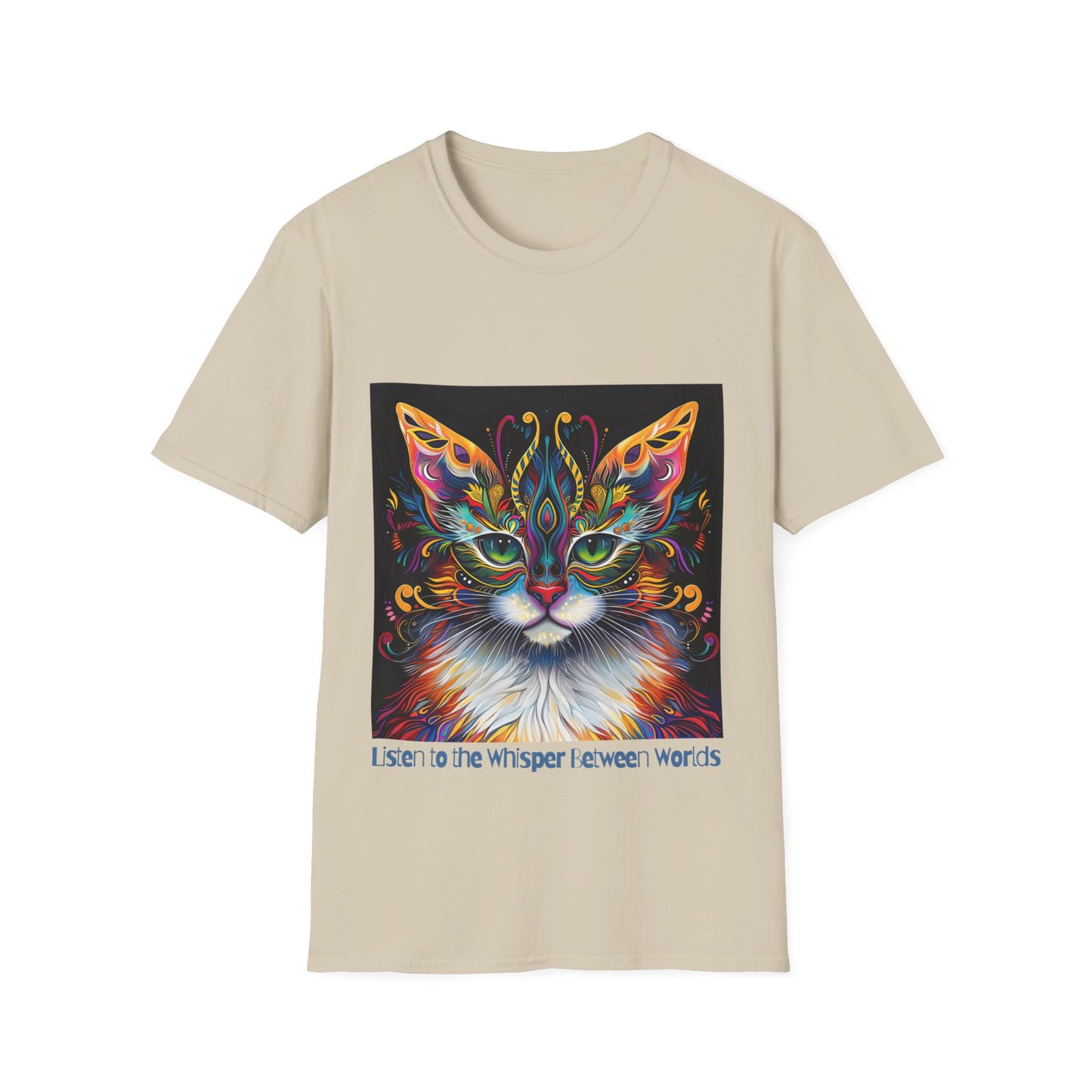 Listen to the Whisper Between Worlds- Shaman Graphic Cat Tee, Cat Lover's Graphic Tee Graphic Unisex T- Shirt, T-Shirt Cat Lovers Gift Softstyle T-Shirt Tee Teeshirt Stylized Cat