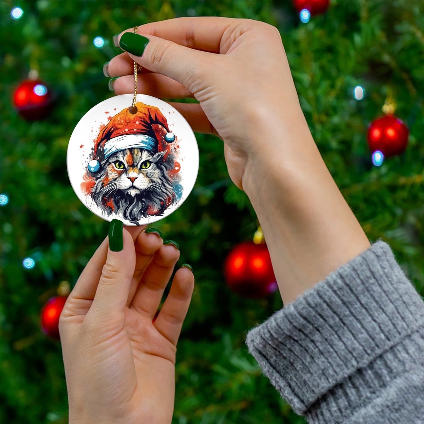 Santa Cat, Cat in Santa Hat, Cat Lovers, Cat Mom, Cat Dad, Cats Christmas Tree Gift, Christmas Ornament, Ceramic Naughty Cat Lovers Gift