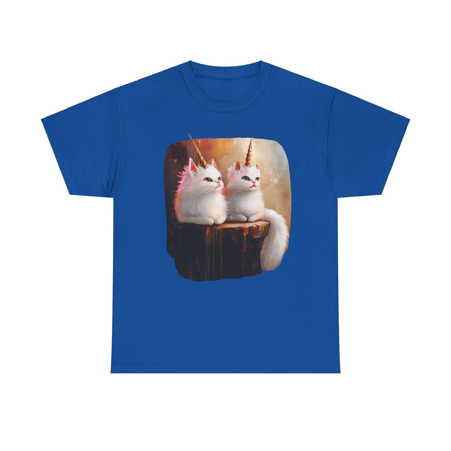 Fluffy White Kawaii Unicorn Cat Graphic Tee - Cat Unicorn Mythical Creature Gift Unisex Adult Size Heavy Cotton Tee T-Shirt