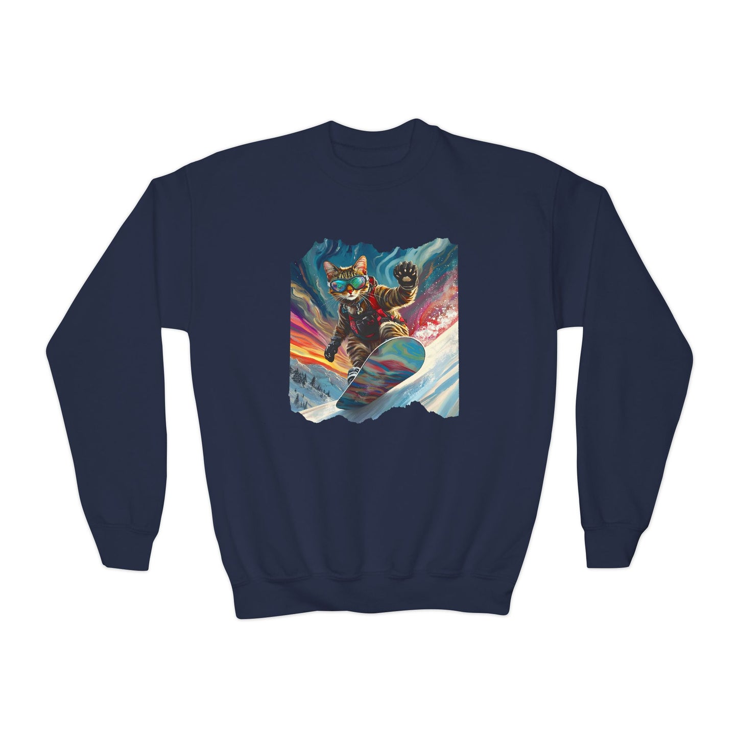 Shredding Snowboard Cat for Kids Sweatshirt - Colorful Snowboard Kitty, Kids Youth Crewneck Sweatshirt