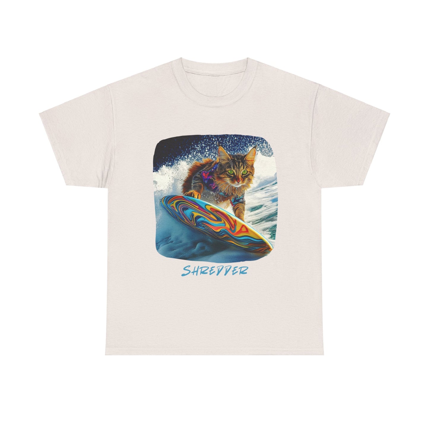 Shredder Surfer Cat, "Shredder" T-shirt, Cat on Surfboard Graphic Tee- Water Sports Cat (V1) Cat Art Gift - Cool Cats Unisex Heavy Cotton Tee T-Shirt