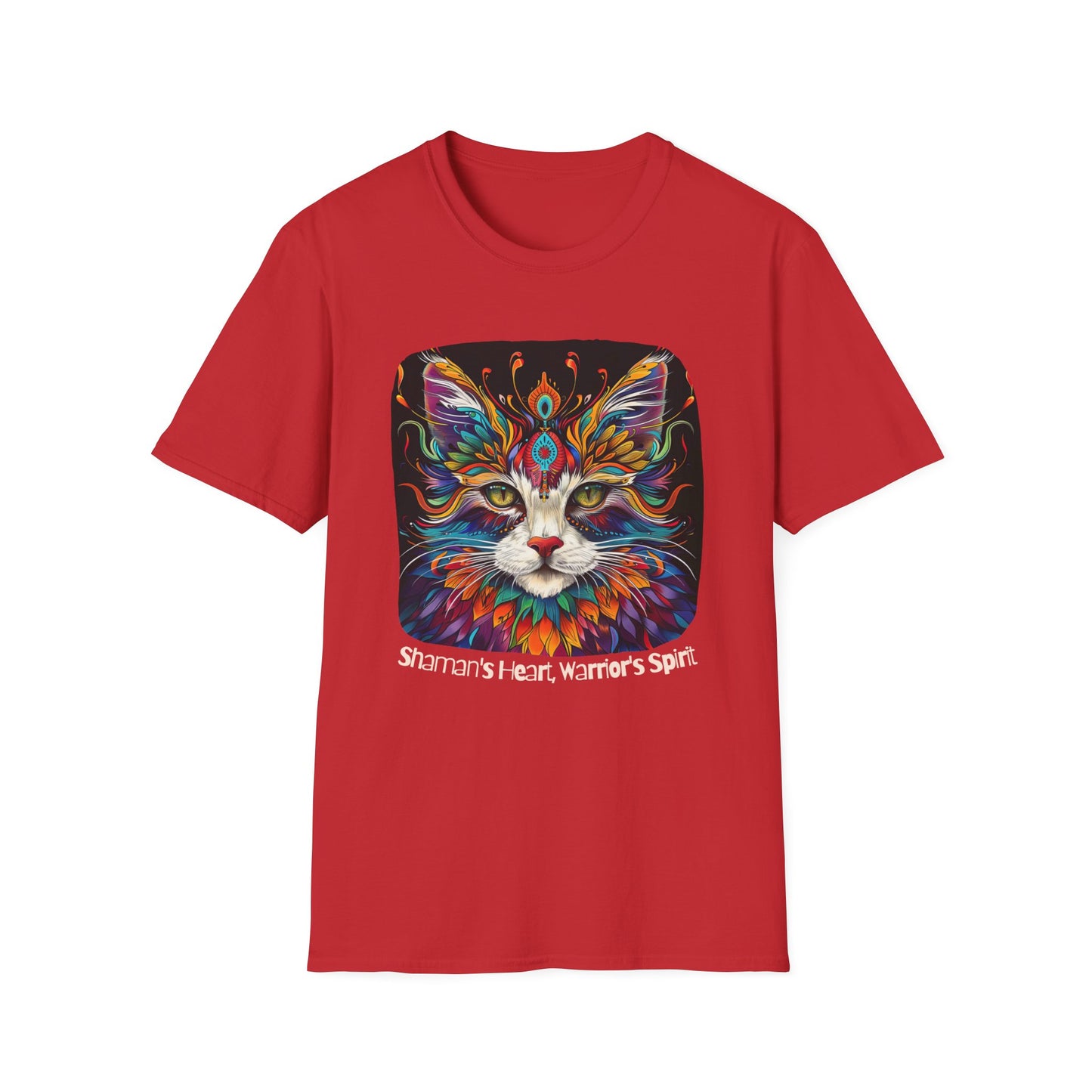 Shaman's Heart, Warrior's Spirit Graphic Cat Tee, Cat Lover's Graphic Tee Graphic Unisex T- Shirt, T-Shirt Cat Lovers Gift Softstyle T-Shirt Tee Teeshirt Stylized Cat