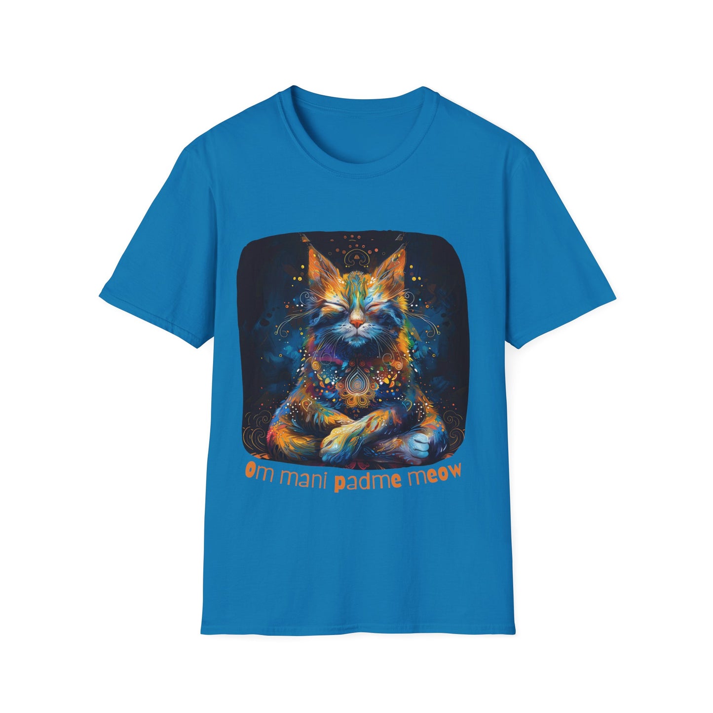Mani Padme Meow (Version 2) - Meditating Cat Shirt, Cat Lover's Graphic Tee Graphic Unisex T- Shirt, T-Shirt Cat Lovers Gift Softstyle T-Shirt Tee Teeshirt Stylized Cat