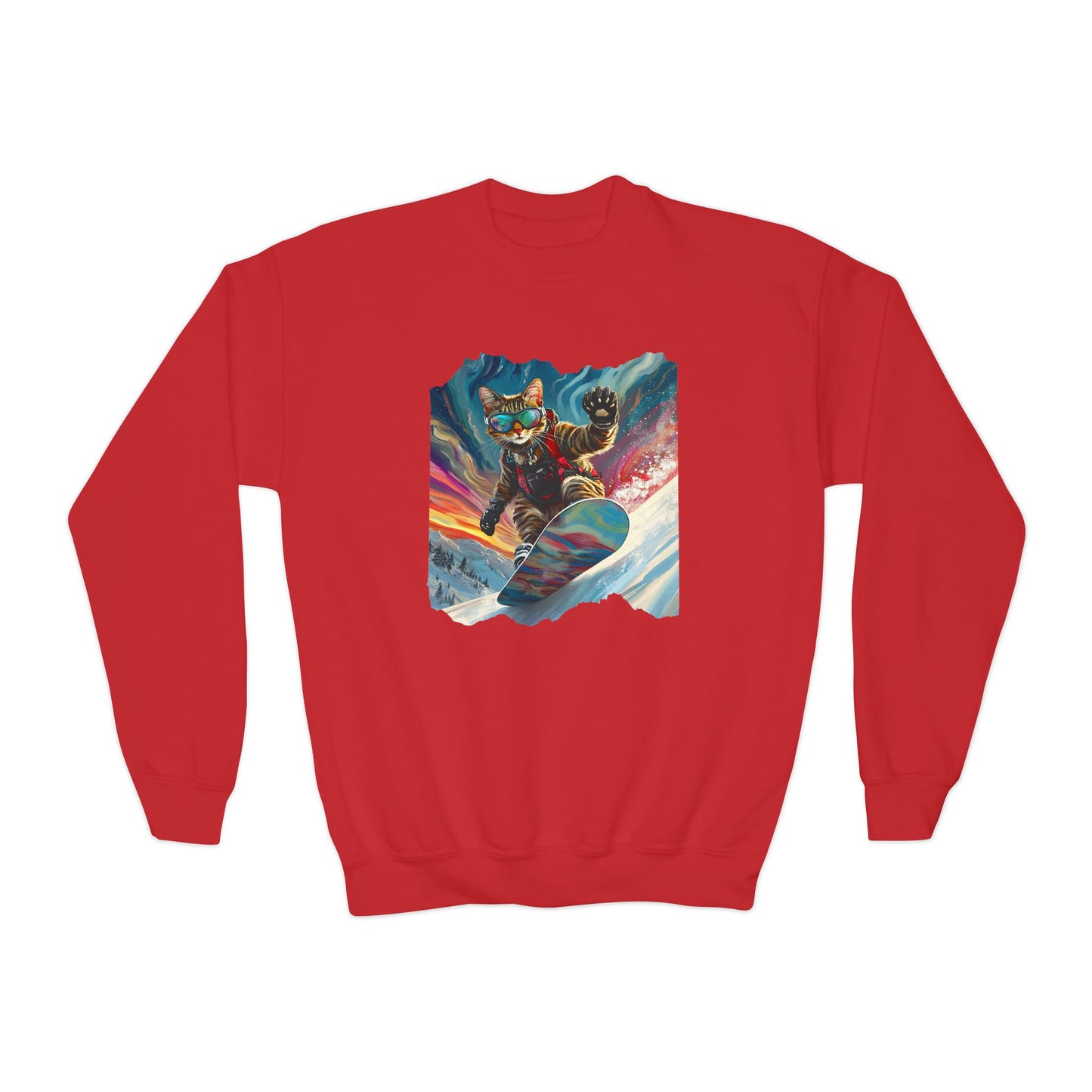 Shredding Snowboard Cat for Kids Sweatshirt - Colorful Snowboard Kitty, Kids Youth Crewneck Sweatshirt