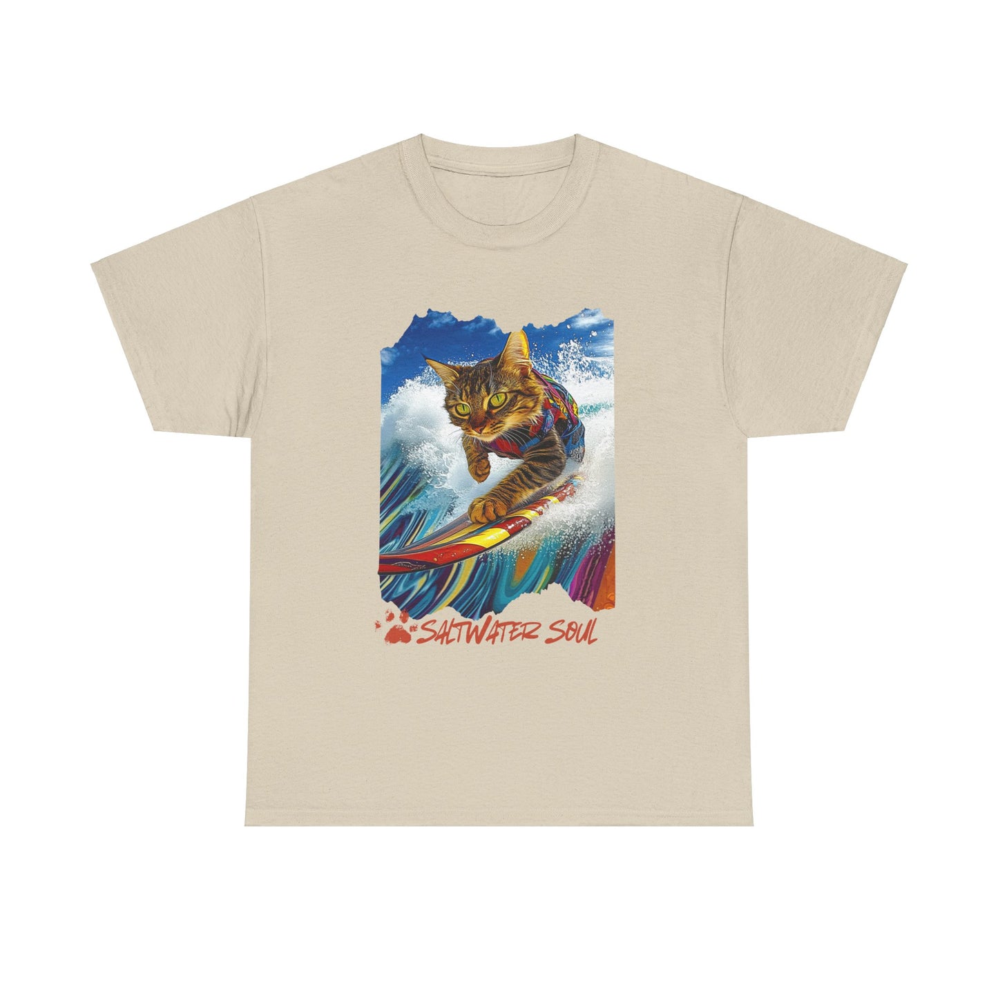 Saltwater Soul Surfer Cat, T-shirt, Cat on Surfboard Graphic Tee- Water Sports Cat Cat Art Gift - Cool Cats Unisex Heavy Cotton Tee T-Shirt