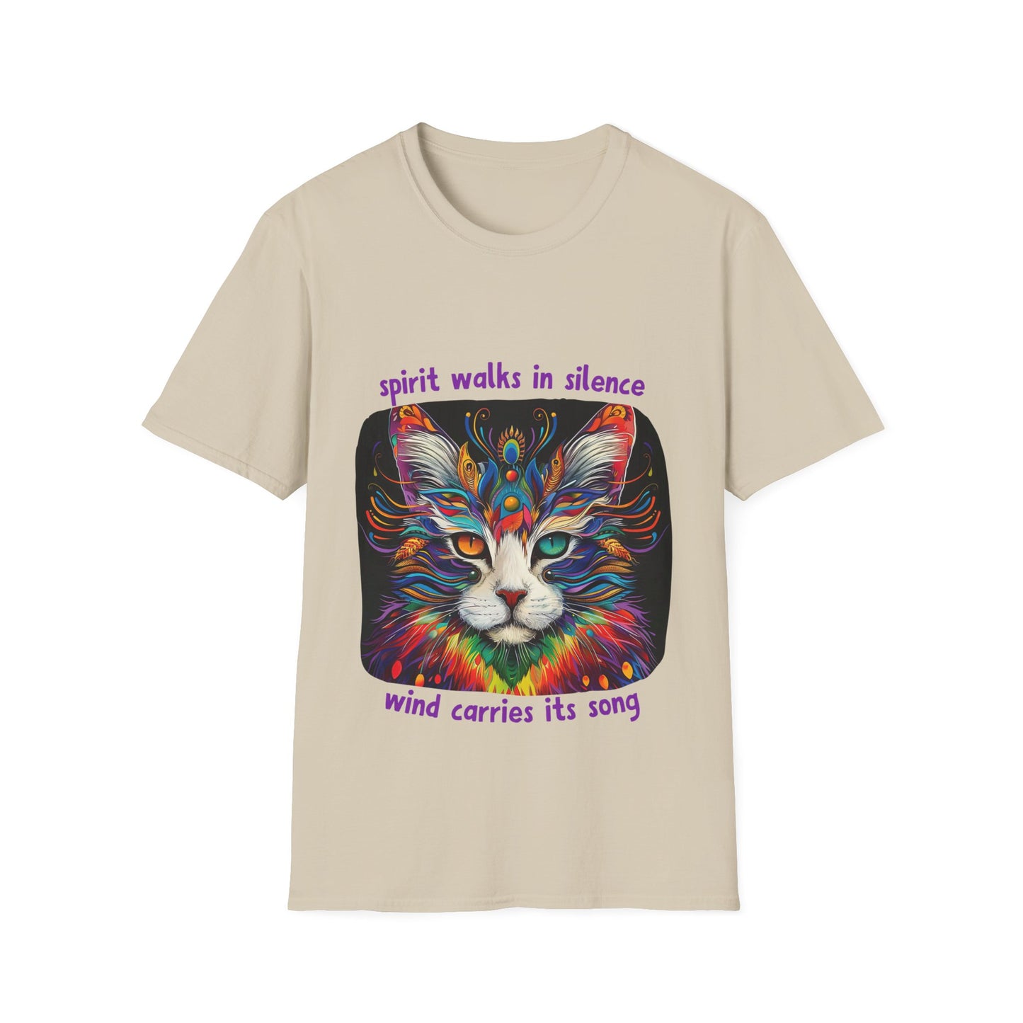 Spirit Walks in Silence, Wind Carries its Song - Shaman Graphic Cat Tee, Cat Lover's Graphic Tee Graphic Unisex T- Shirt, T-Shirt Cat Lovers Gift Softstyle T-Shirt Tee Teeshirt Stylized Cat