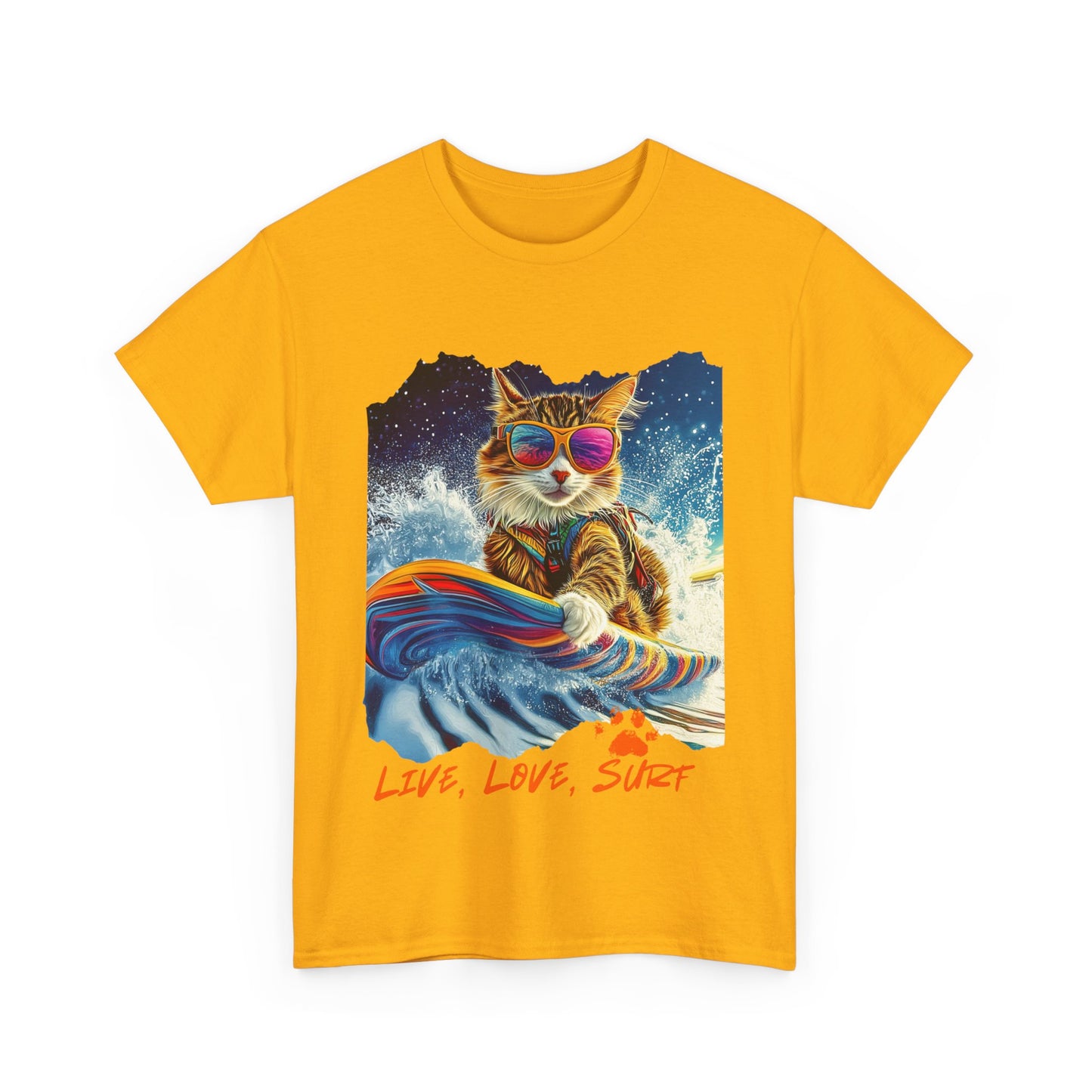 Live, Love Surf - Surfer Cat Graphic Tee, Cat on Surfboard reads "Live, Love Surf" Surf Life Cat ,Art Gift - Cool Cats Unisex Heavy Cotton Tee T-Shirt