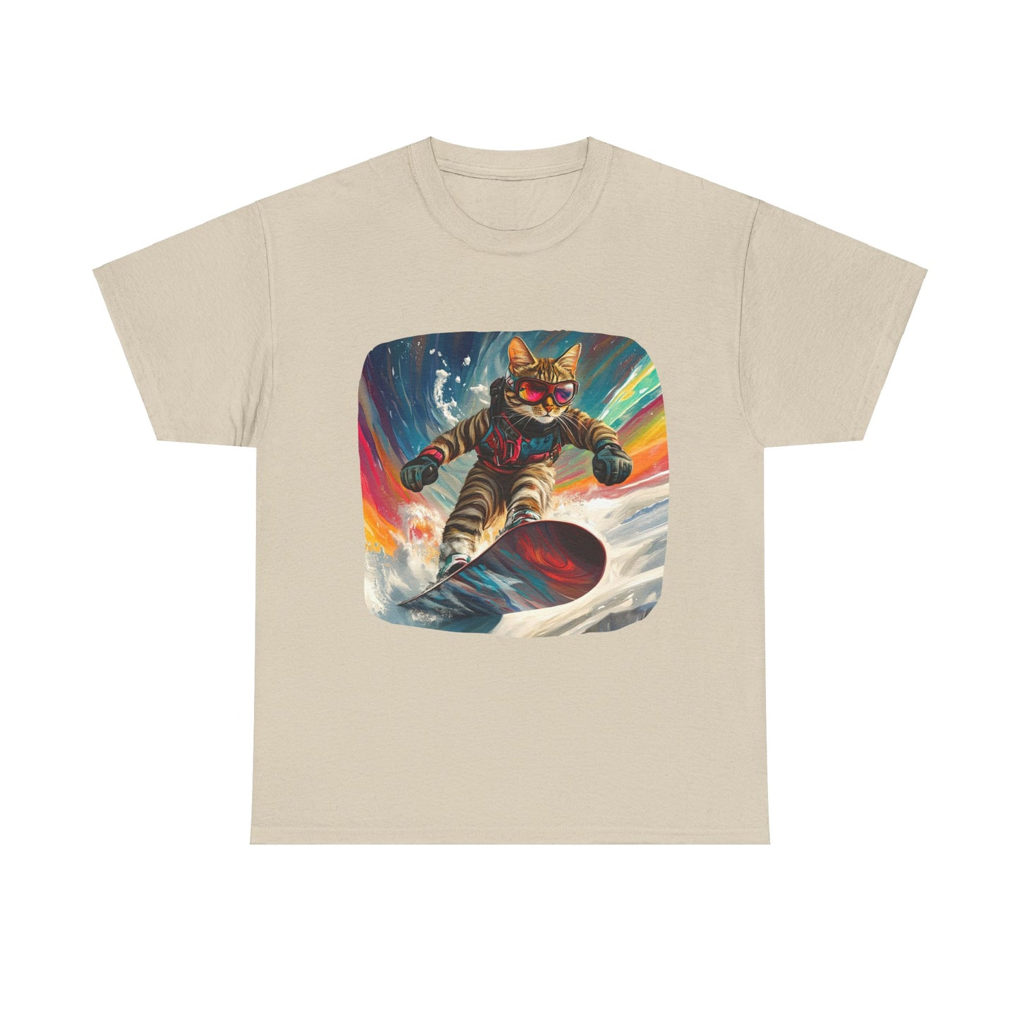 Snowboard Cat, (V2) Winter Apres Ski Cat Art Gift - Cool Cats Unisex Heavy Cotton Tee T-Shirt