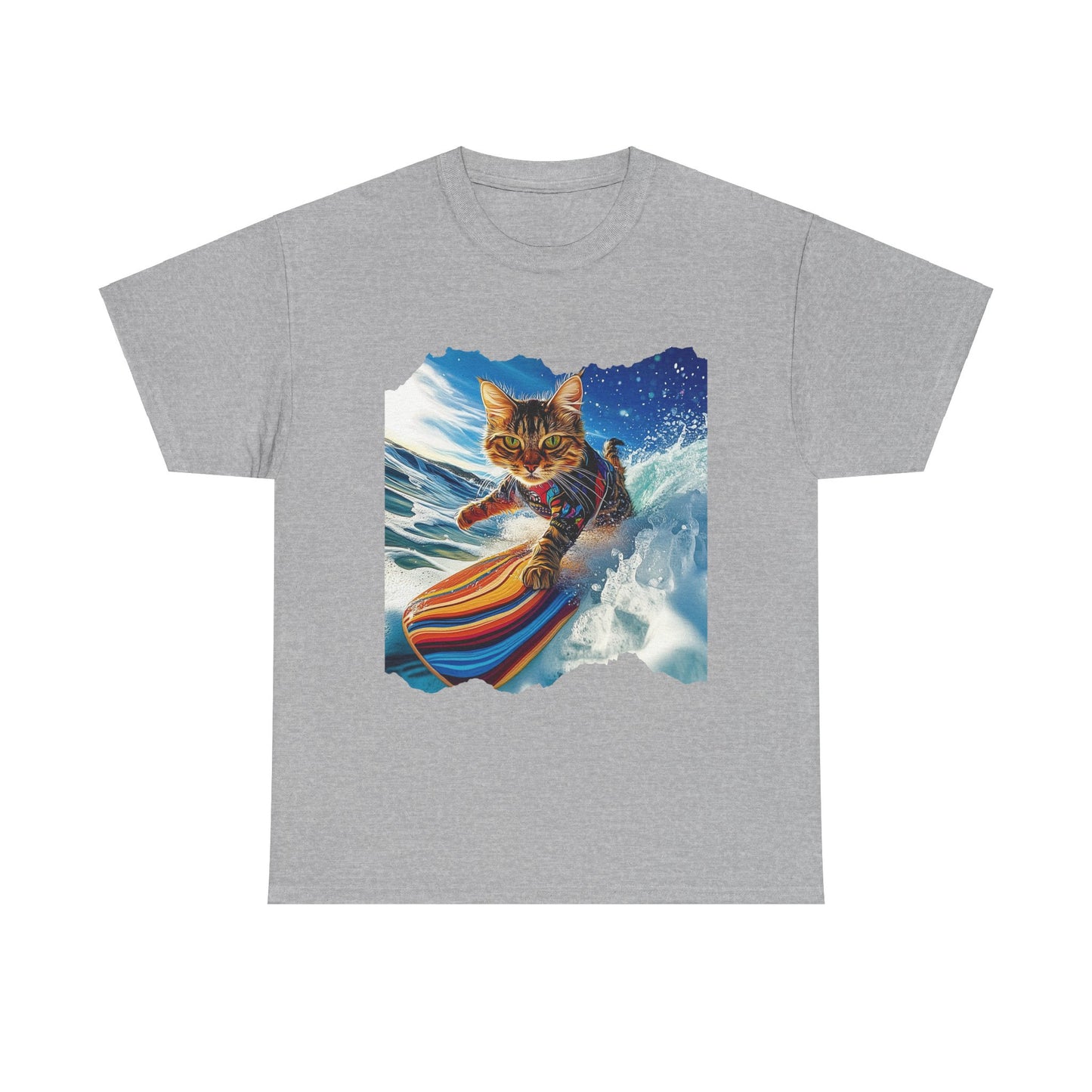 Surfer Surf Cat, Cat on Surfboard Graphic Tee- Water Sports Cat (V1) Cat Art Gift - Cool Cats Unisex Heavy Cotton Tee T-Shirt