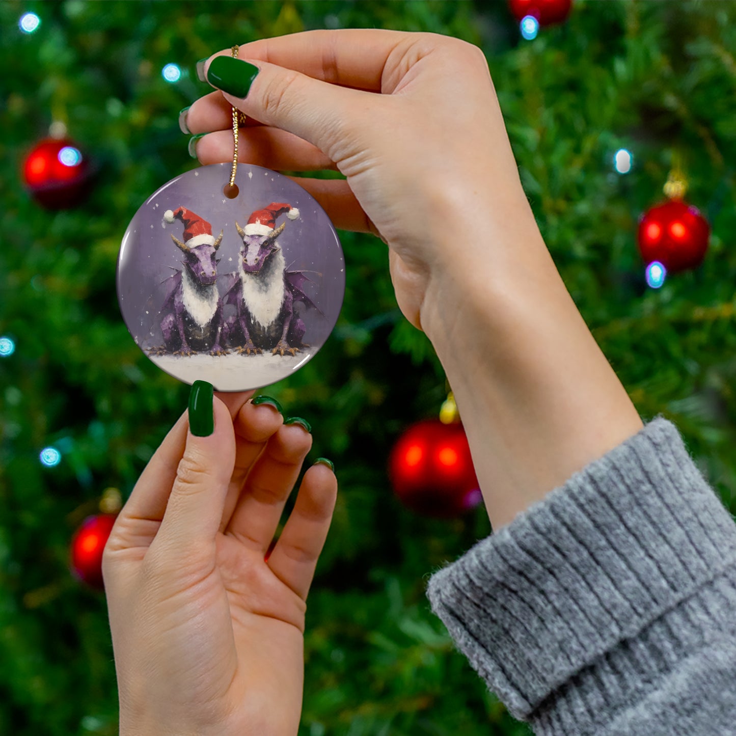 Holiday Dragons - Christmas Purple Dragons in a Santa Hat Ceramic Christmas Ornament - Magical Dragon Dinosaur Kids Ornament Gift