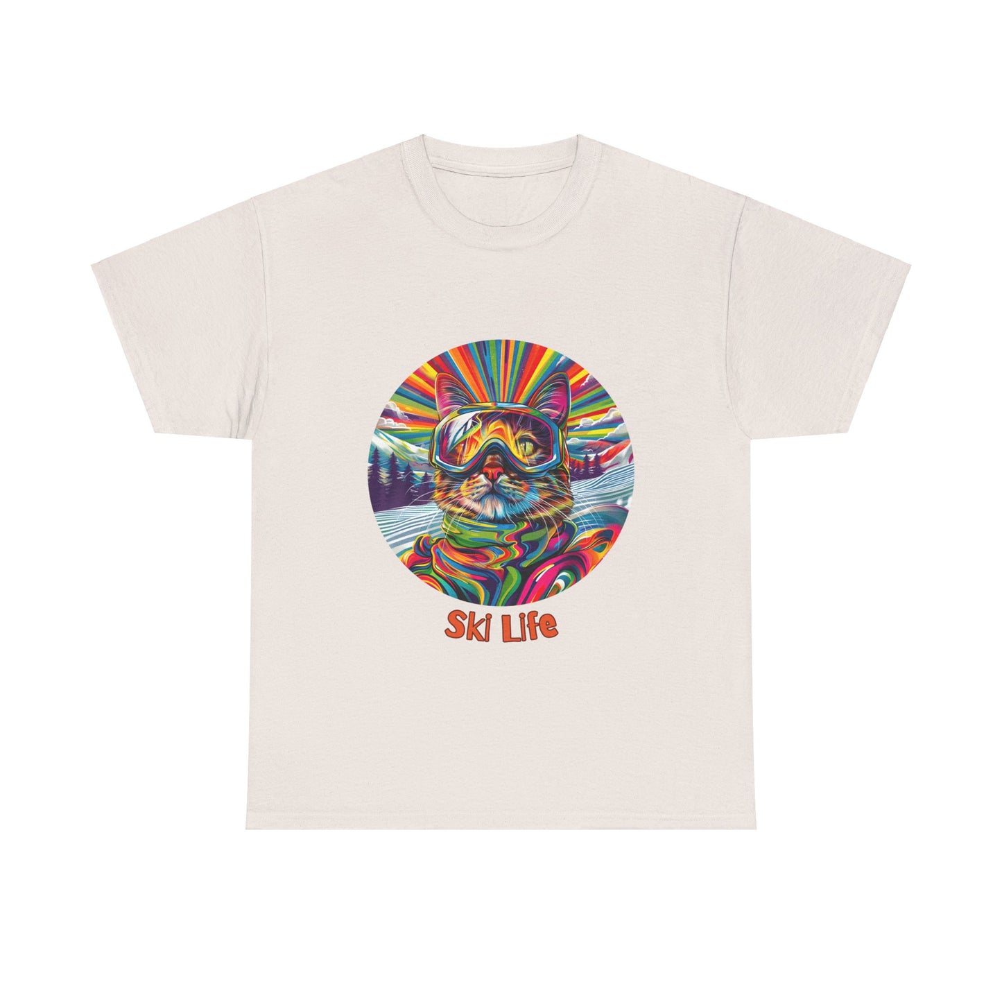 Ski Cat - "Ski Life" Snow, Snowboard Winter Sports Cat (V6) Cat Art Gift - Cool Cats Unisex Heavy Cotton Tee T-Shirt