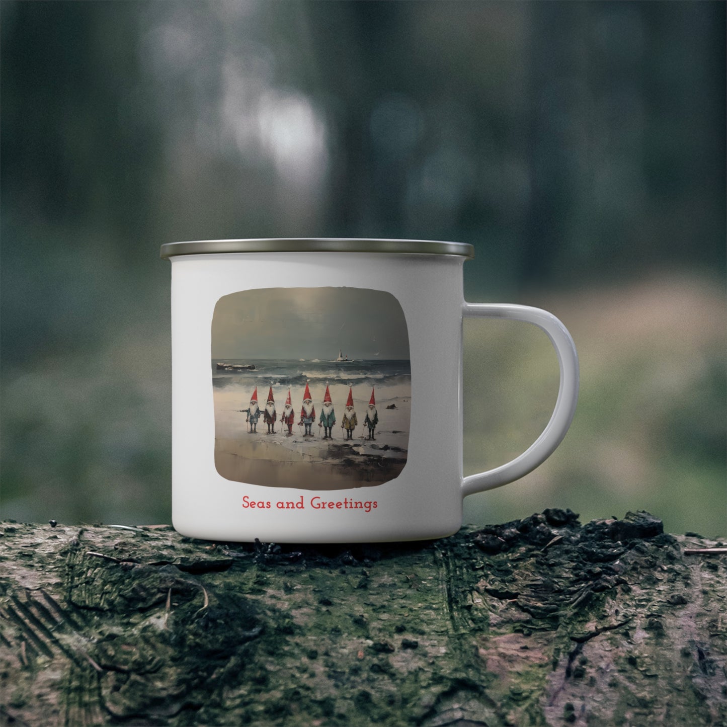 Seas and Greetings, Nautical Gnomes Christmas by the Sea, Sailing, Nautical Gift, Enamel Camping Mug