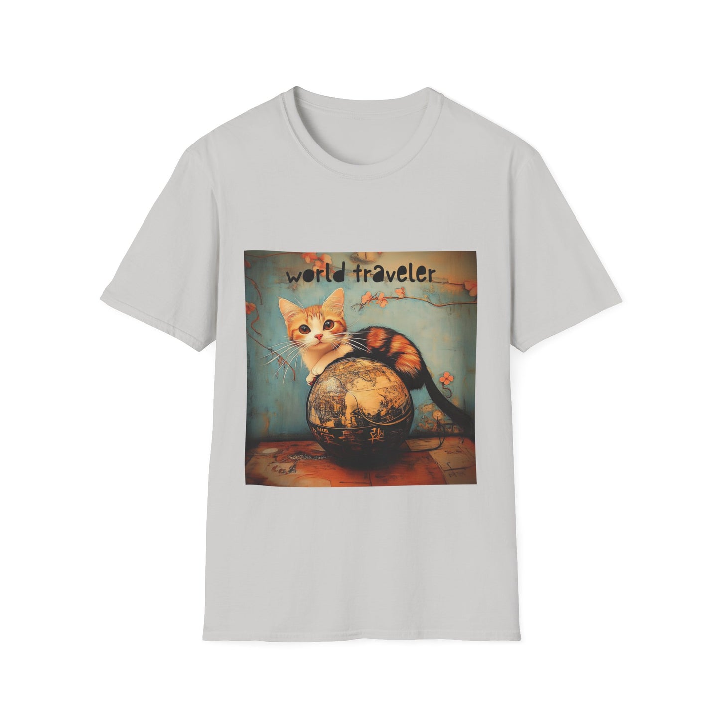 World Traveler Cute Cat Shirt, Cat Lover's Gift Graphic Tee Shirt, Text Reads "World Traveler" Unisex Softstyle T-Shirt Tee Teeshirt Retro