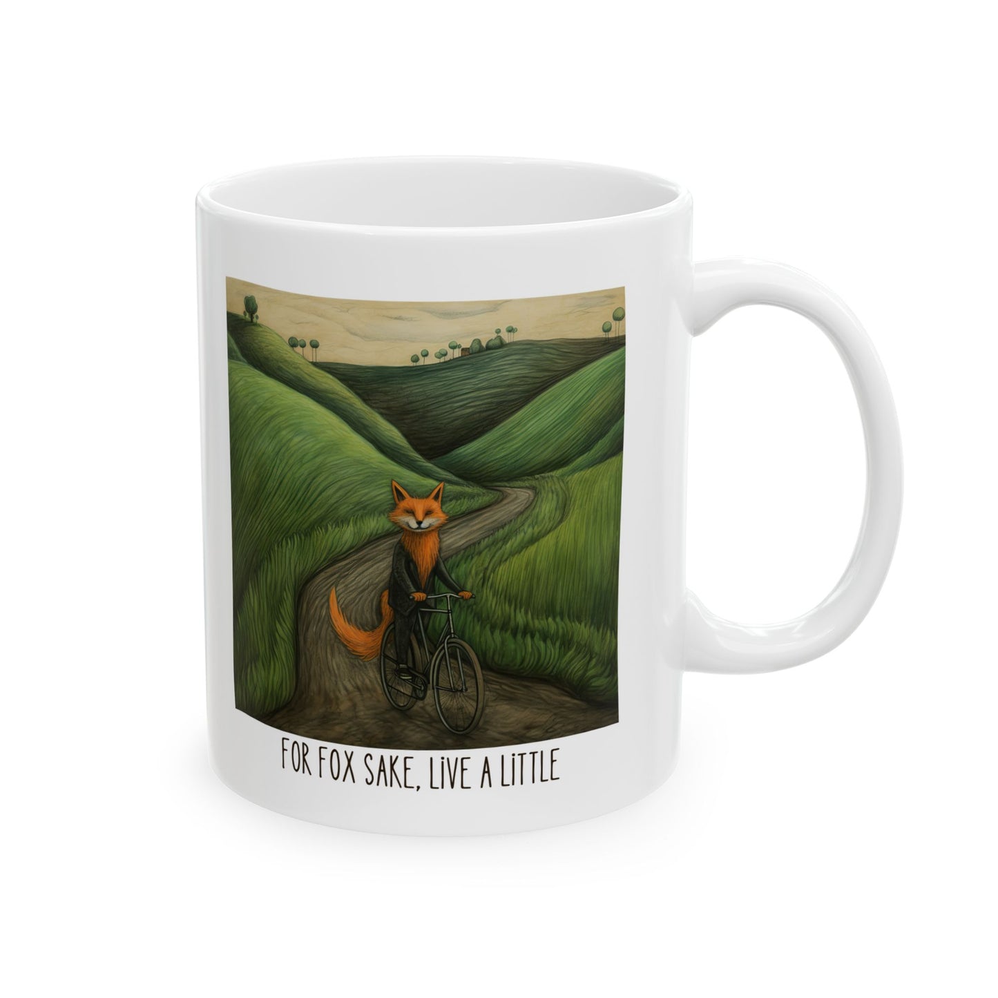 For Fox Sake, Live a Little... Red Fox on a Bicycle, Cycling, Christmas Gift Mug, Red Fox Lover Bicycle Cycling Enthusiast Printed Ceramic Mug 11oz
