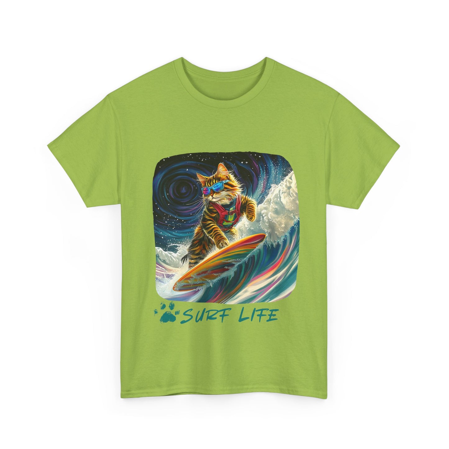 Surf LIfe - Surfer Surfing Cat Graphic Tee, Cat on Surfboard - Shirt reads "Surf Life" Cats Art Gift - Cool Cats Unisex Heavy Cotton Tee T-Shirt