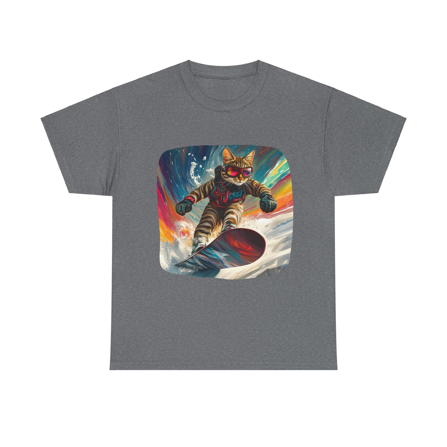 Snowboard Cat, (V2) Winter Apres Ski Cat Art Gift - Cool Cats Unisex Heavy Cotton Tee T-Shirt