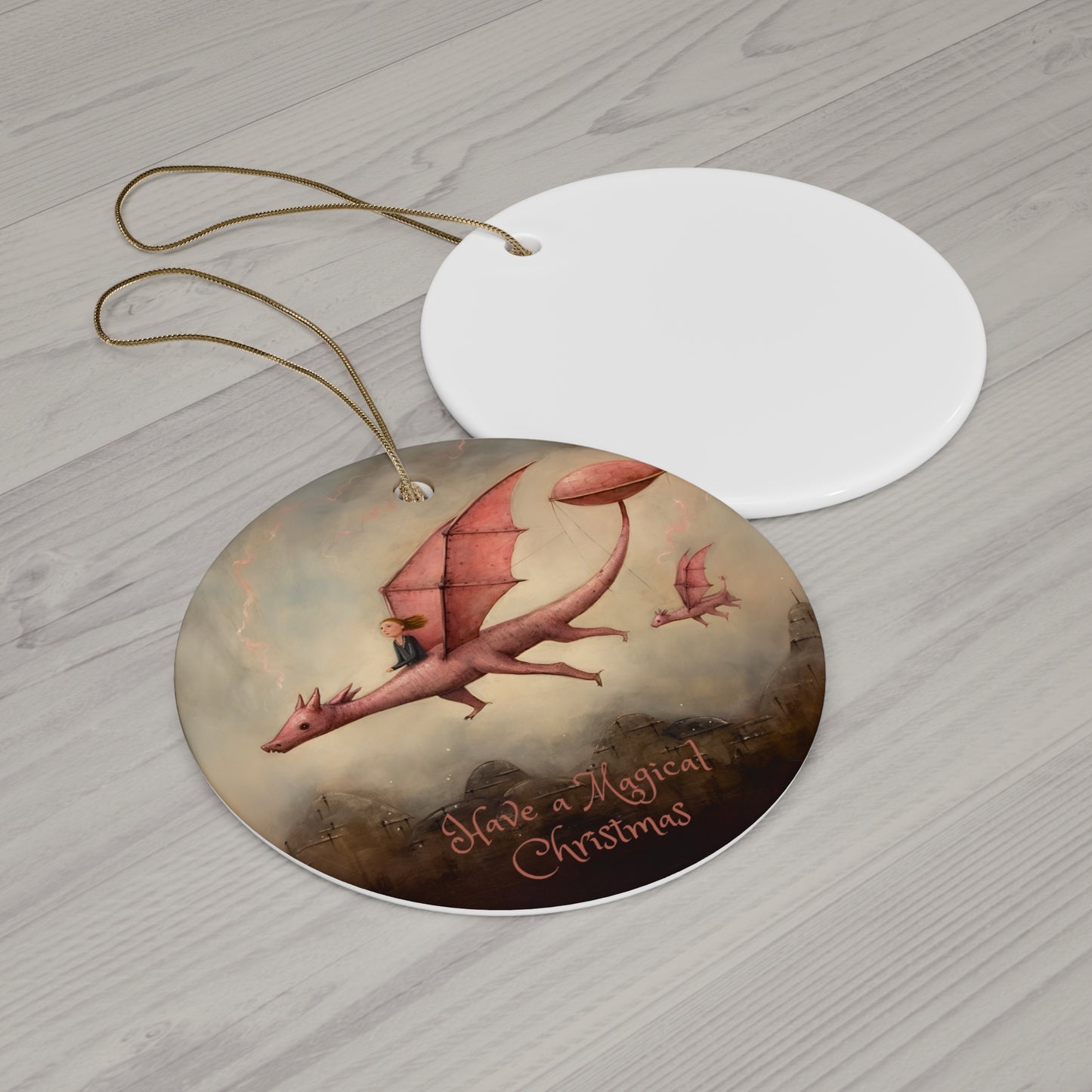 Pink Flying Dragon Dinosaur- Christmas Dragon Ceramic Christmas Ornament - Magical Dragon Dinosaur Kids Ornament Gift