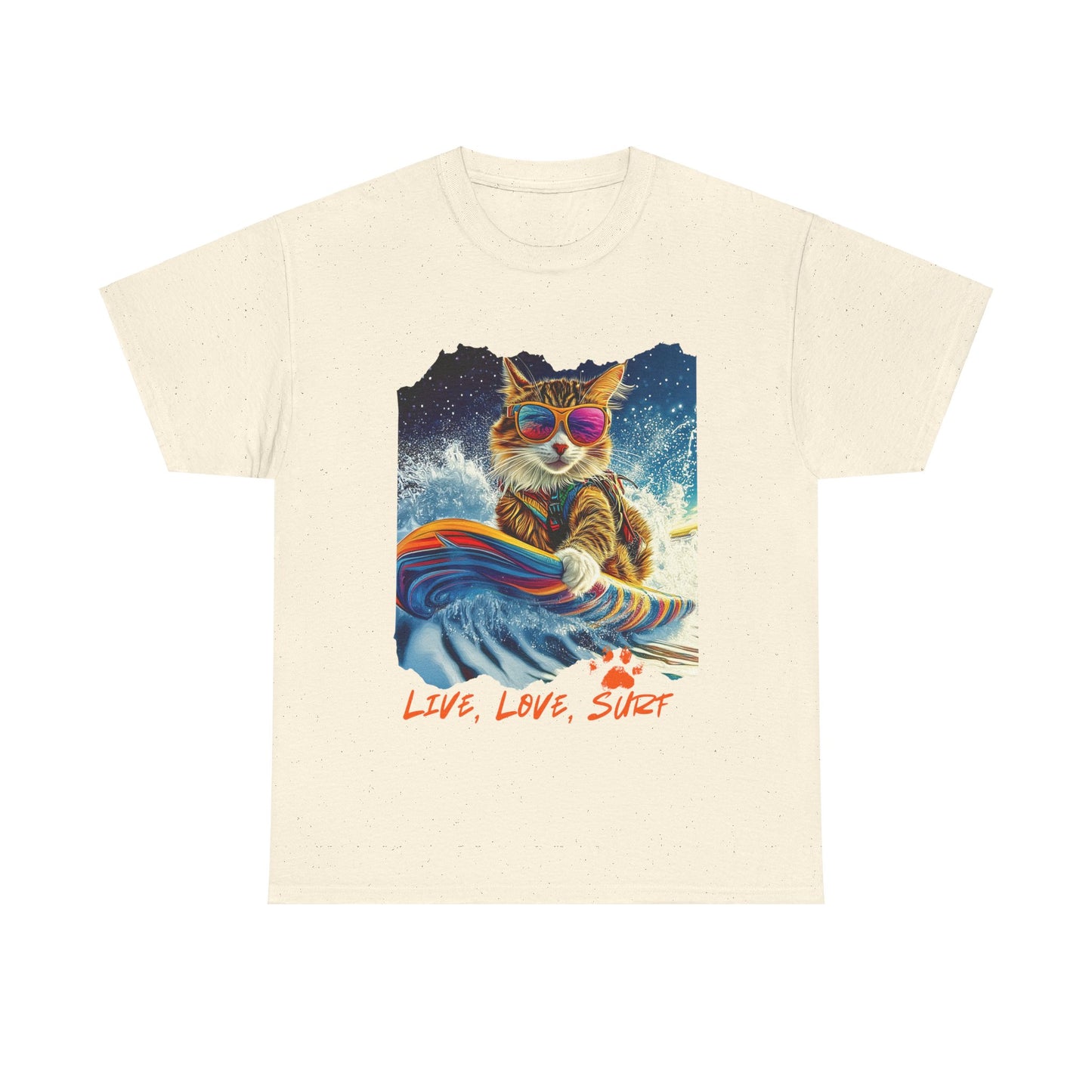 Live, Love Surf - Surfer Cat Graphic Tee, Cat on Surfboard reads "Live, Love Surf" Surf Life Cat ,Art Gift - Cool Cats Unisex Heavy Cotton Tee T-Shirt