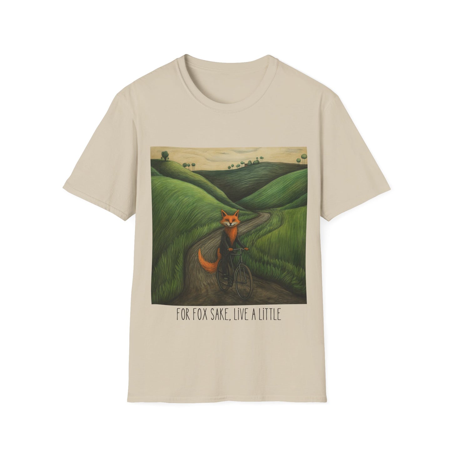 For Fox Sake, Live a Little - Red Fox on a Bicycle- Fox or Cycling Lover's Gift Unisex Tee Shirt, T-Shirt, Fox Lovers Gift Softstyle T-Shirt Tee Teeshirt