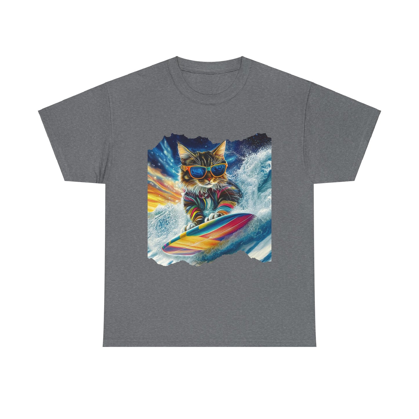 Surfer Surfing Cat, (Ver 2) Cat on Surfboard Graphic Tee- Water Sports Cat (V1) Cat Art Gift - Cool Cats Unisex Heavy Cotton Tee T-Shirt