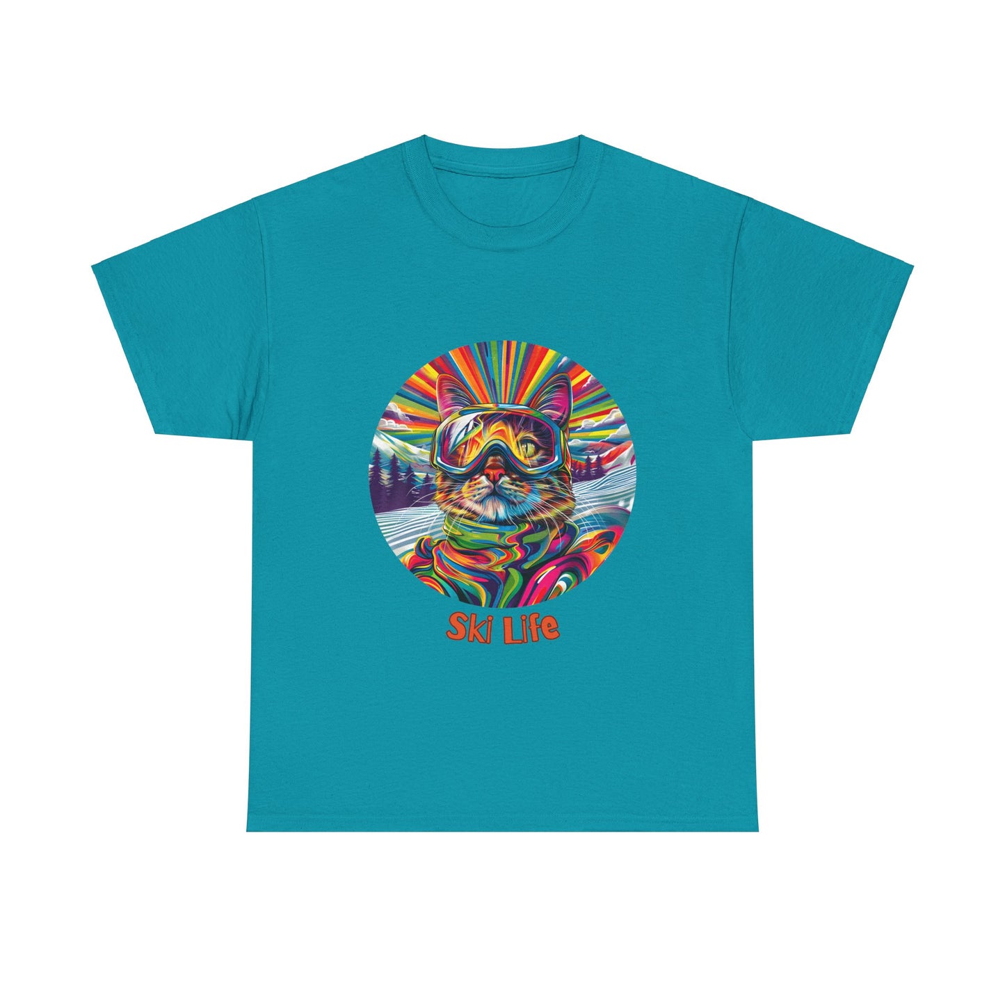 Ski Cat - "Ski Life" Snow, Snowboard Winter Sports Cat (V6) Cat Art Gift - Cool Cats Unisex Heavy Cotton Tee T-Shirt