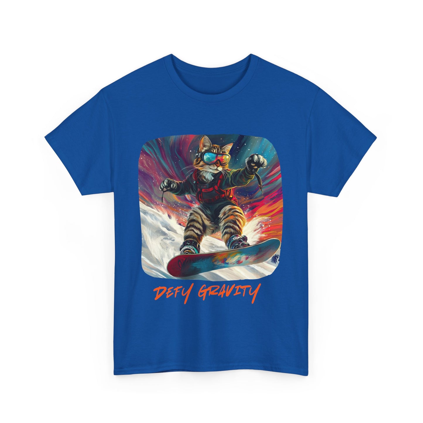 Defy Gravity Snowboard Cat Graphic Tee - Extreme Winter Sports Ski Cat Art Gift - Cool Cats Unisex Heavy Cotton Tee T-Shirt