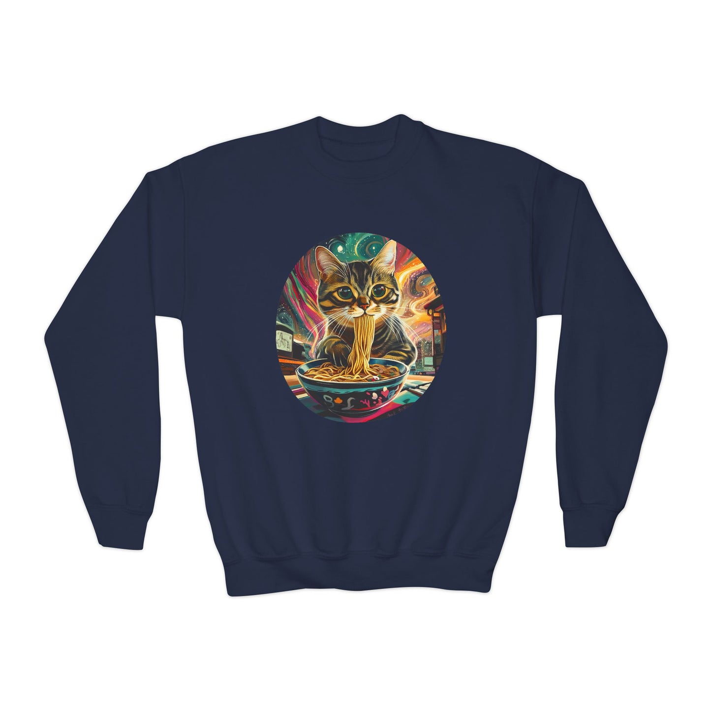 Slurping Noodle Ramen Bowl Cats for Kids Sweatshirt - Slurping Noodle Kitty Cat Youth Crewneck Sweatshirt -Christmas Cat Gift