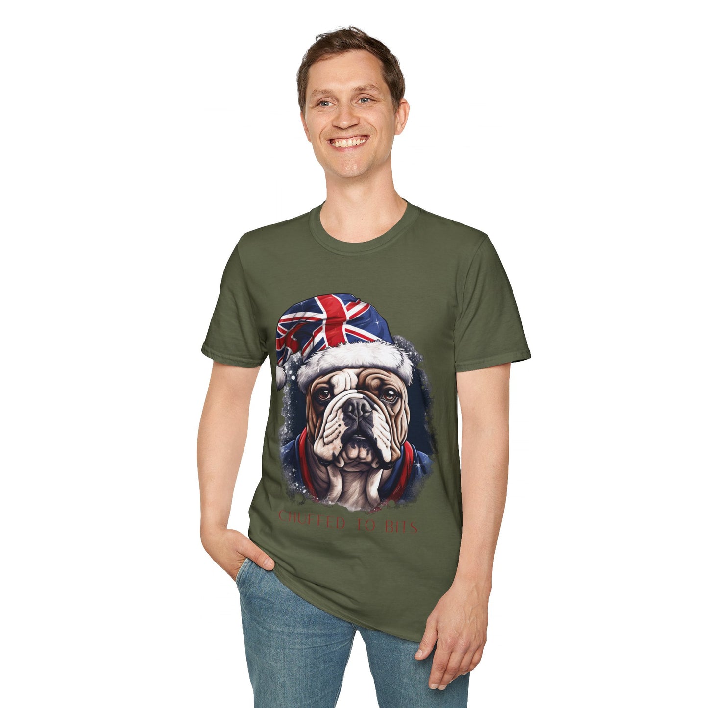 English Bulldog, Chuffed To Bits T-Shirt, British Union Jack, Mens Womans Unisex Shirt Softstyle T-Shirt Teeshirt Anglophile