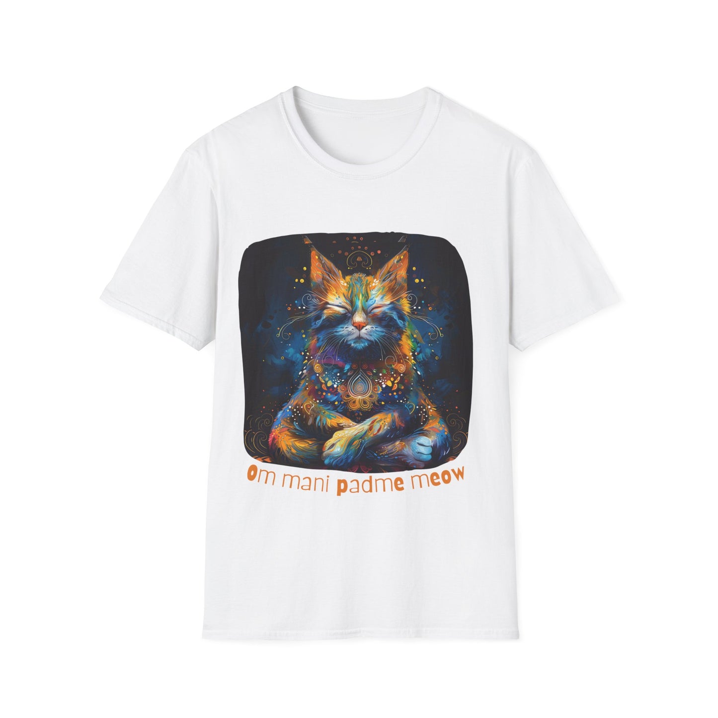 Mani Padme Meow (Version 2) - Meditating Cat Shirt, Cat Lover's Graphic Tee Graphic Unisex T- Shirt, T-Shirt Cat Lovers Gift Softstyle T-Shirt Tee Teeshirt Stylized Cat