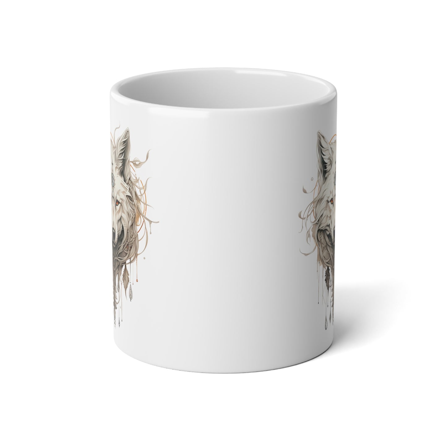 White Wolf Totem, Wolf Tribal Style Christmas Gift Mug, Jumbo 20 oz Mug XL Size Mug- White Wolf Medicine Christmas Gift