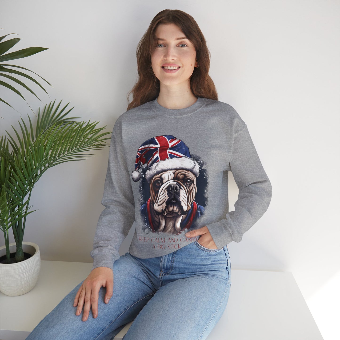 British English Bulldog - Keep Calm and Carry a Big Stick Union Jack Unisex Long Sleeve Jersey Cotton Shirt Mens Women Sweatshirt Sweat Shirt